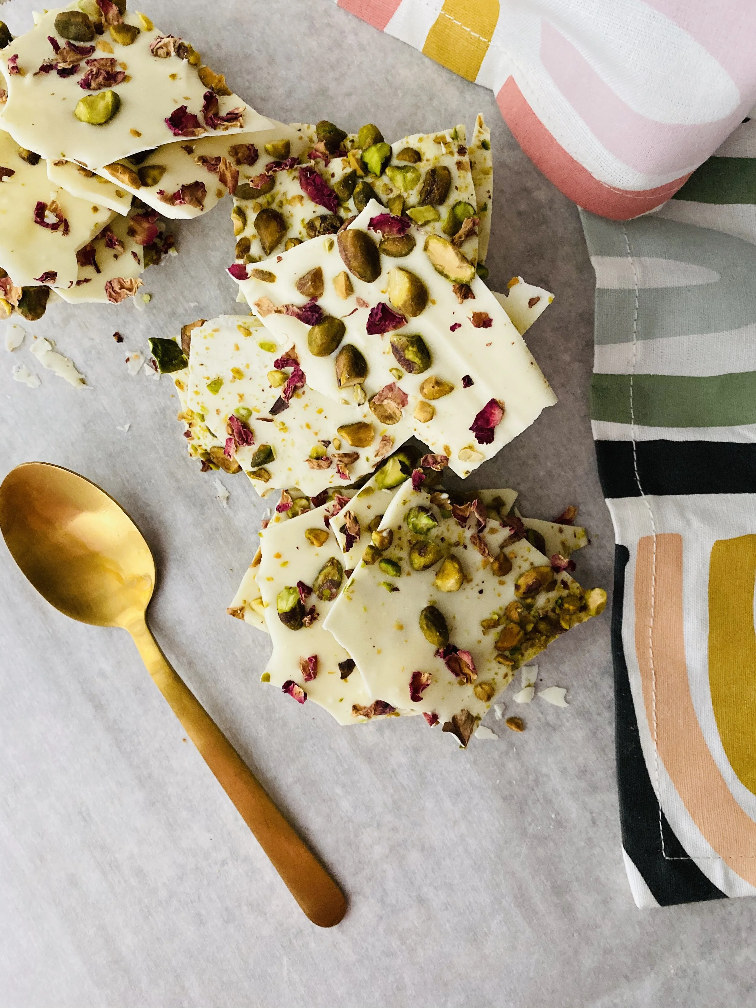 pistachio rose white chocolate bark