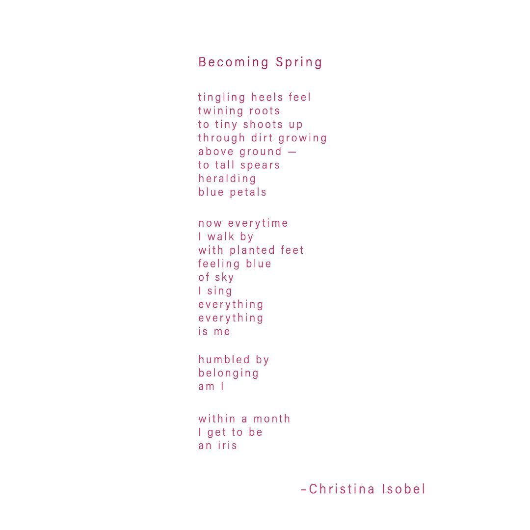The title says it. The way a particular flower&rsquo;s thrust from the earth awakens me, connects me to myself, to it, and to spring.

To read more of my poetry tap on the link in my bio or visit www.christinaisobel.org
.
.
.

#sensatepoetry #somatic