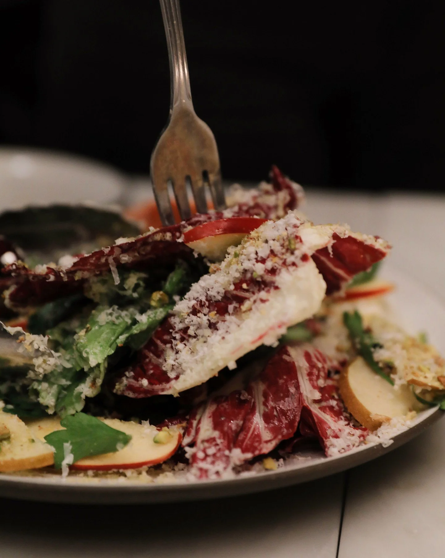 Chicories dressed in green goddess, layered with pears, apples, herbs, and parmesan. A little crunch from breadcrumbs, a little tang from cr&egrave;me fra&icirc;che &mdash; fall on a plate.

#vendemmiaseattle #generalharvestseattle #chicories #seattl