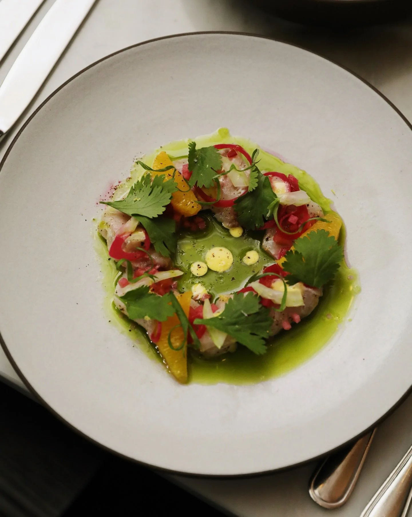 Hamachi crudo, apple, celery, and preserved lemon.

A seasonal starter that does justice to the hamachi from @eastanchorseafood &mdash; apple, celery, and preserved lemon combine to create an addicting bright and acidic profile that we can't get enou