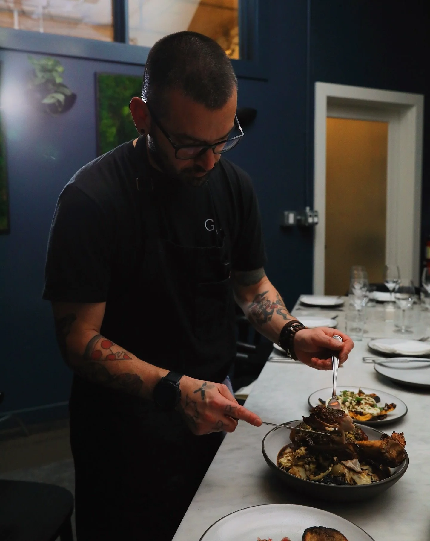 We start with the pork shank because it rewards patience. Slowly cooked until the meat yields, never rushed. The braising liquid becomes the base for a deep, glossy demi.

The risotto is gently built gently alongside it absorbing the flavor rather th