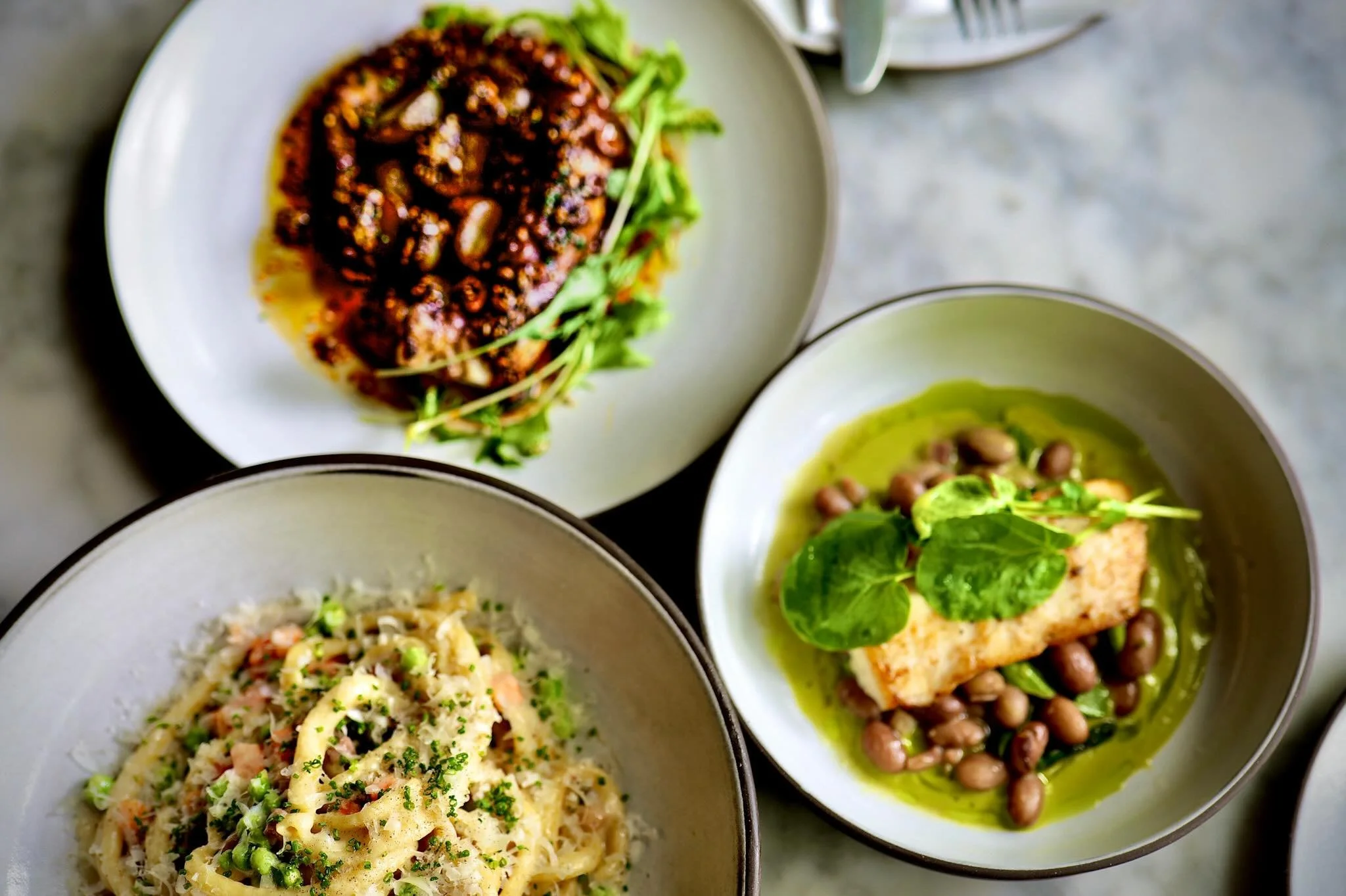 We&rsquo;re loving this trio of spring inspired dishes packed with flavor, technique and ❤️. 🍝🐙🐟Book yourself a patio table and enjoy this ☀️Sunday. #madrona #spring