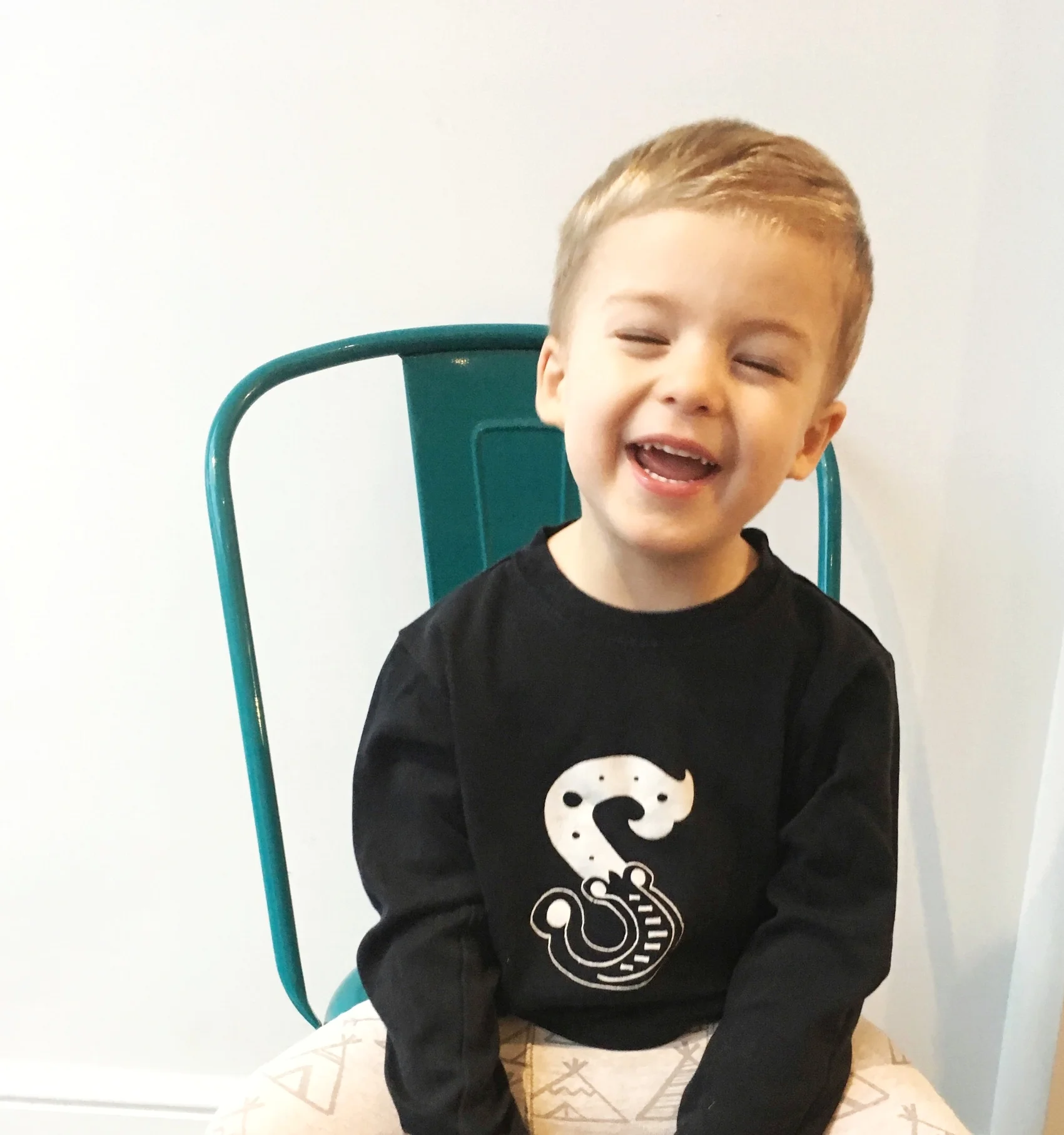 Personalised initial print black monochrome kids t-shirt in your choice of letter and colour