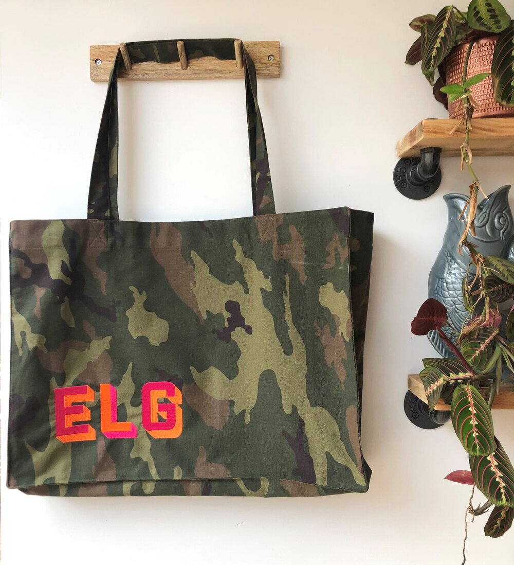 Front Personalized Green Camo Beach Tote Bag Regular 