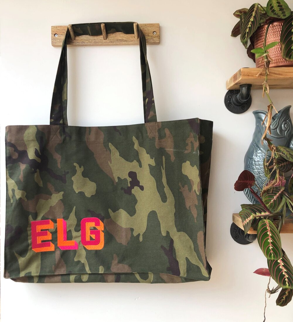 Front Personalized Green Camo Beach Tote Bag Regular Front Personalized Green Camo Beach Tote Bag Regular