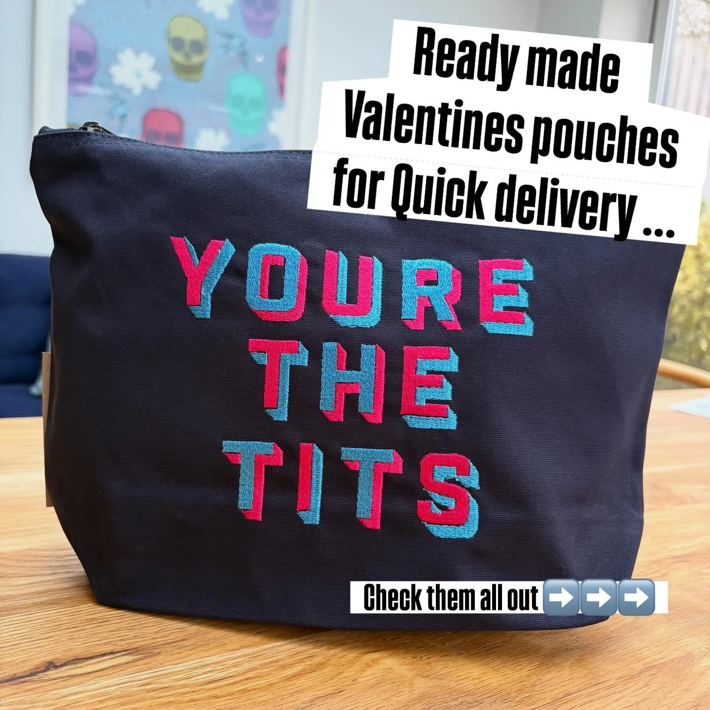 Ready made and ready to post 💌 The perfect Valentines Zip Up Pouch 💝 with quick delivery 📦 

Or tell me what you would like embroidered on one
 with my &lsquo;made to order&rsquo; pouches and bags 

If you fancy yours with different coloured lette