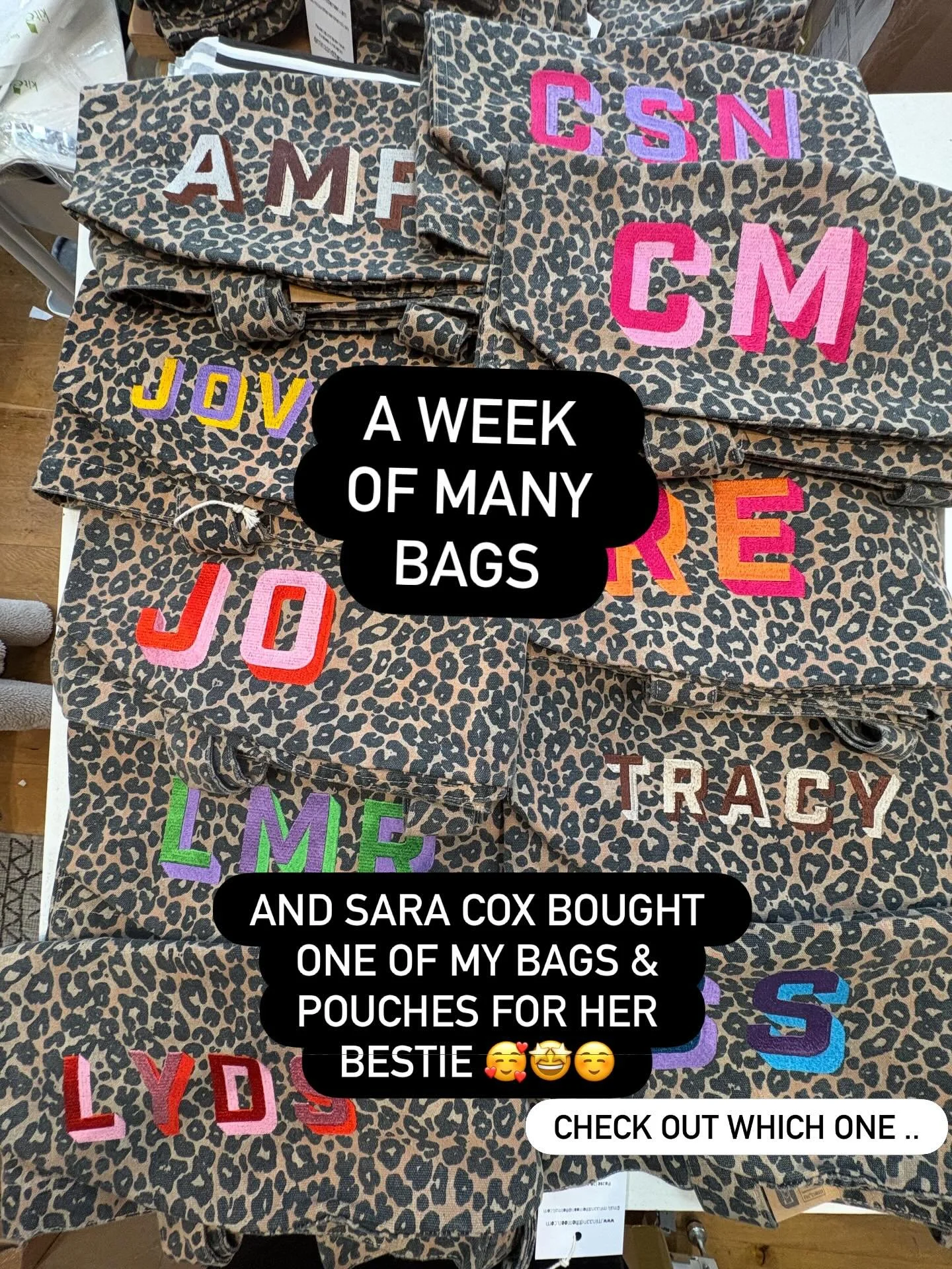 Celebrity bag photo shoots 🤩 and grandmas old thread box 🧵 

Thanks for again selling me out of personalised leopard print bags 🐆 they will be back soon &hellip;.. 

#shopsmallbiz #leopardprintbags #personalisedbags