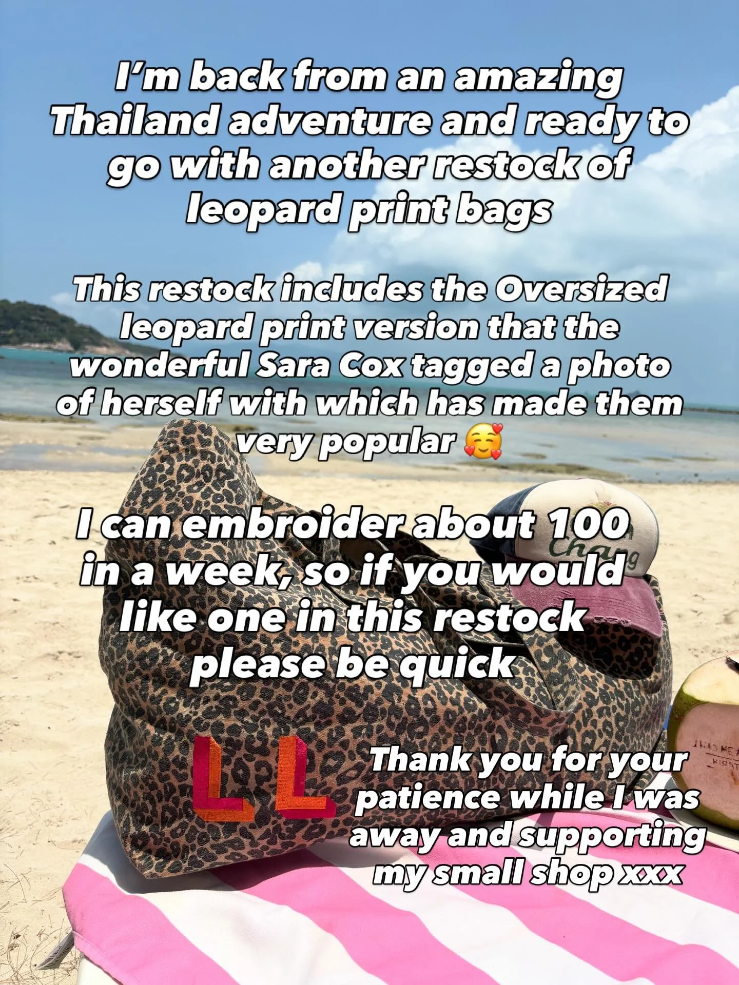 I&rsquo;m back from my Easter Break, thank you for your patience while I was away 🥰 

Please read the info on the photo for the leopard print bags xxxxx 

#leopardprintbag #oversizedbags #personalisedleopardprintbags