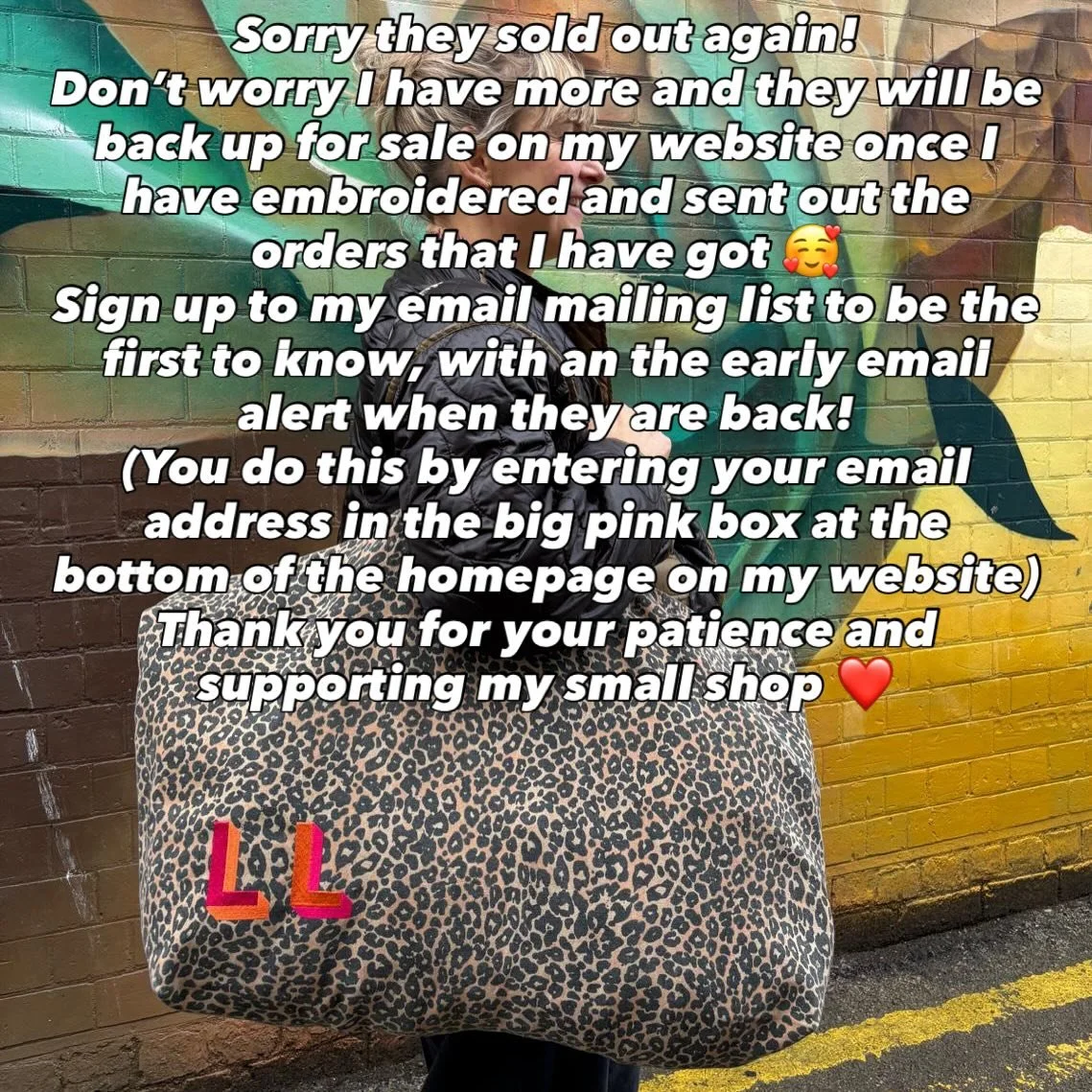 Thank you for your patience and supporting my small business 🥰 

Don&rsquo;t worry the leopard print bags will be back soon &hellip; 

#personalisedleopardprintbags #personalisedembroidery #jumboleopardprintbags