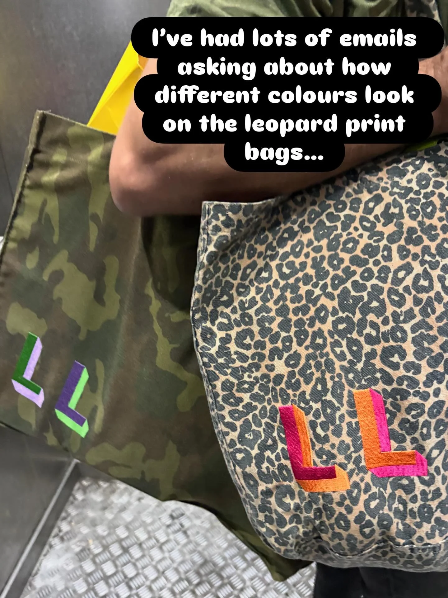 Lots of emails for examples of how different colour letter embroidery looks on the leopard print jumbo bags &hellip;