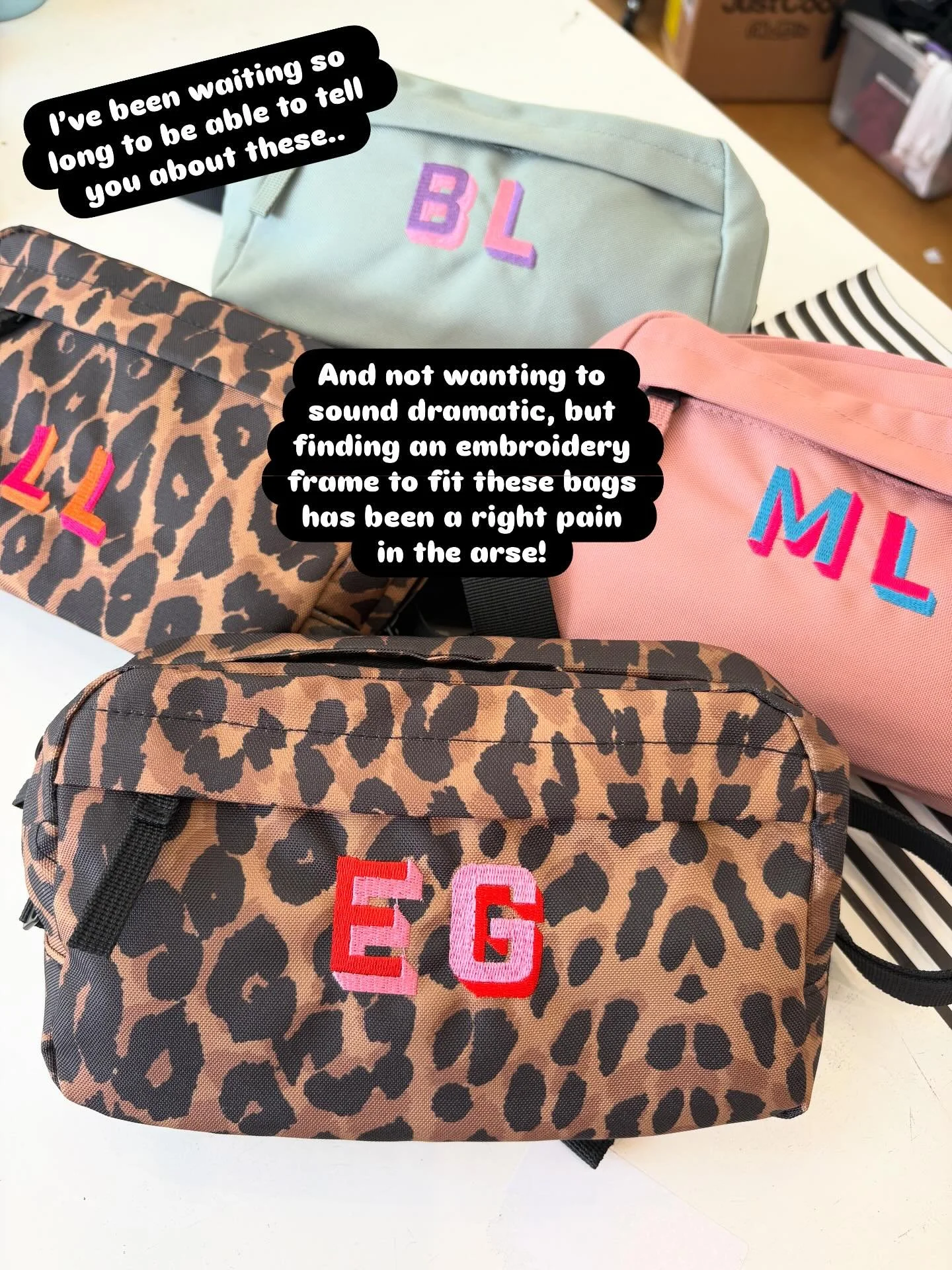 Not wanting to sound dramatic, but finding an embroidery frame to fit these bags has been a right pain in the arse! 

But with a lot of persistence, and failed attempts I have finally found one, and these beauties are ready to go.  Worth the wait I t