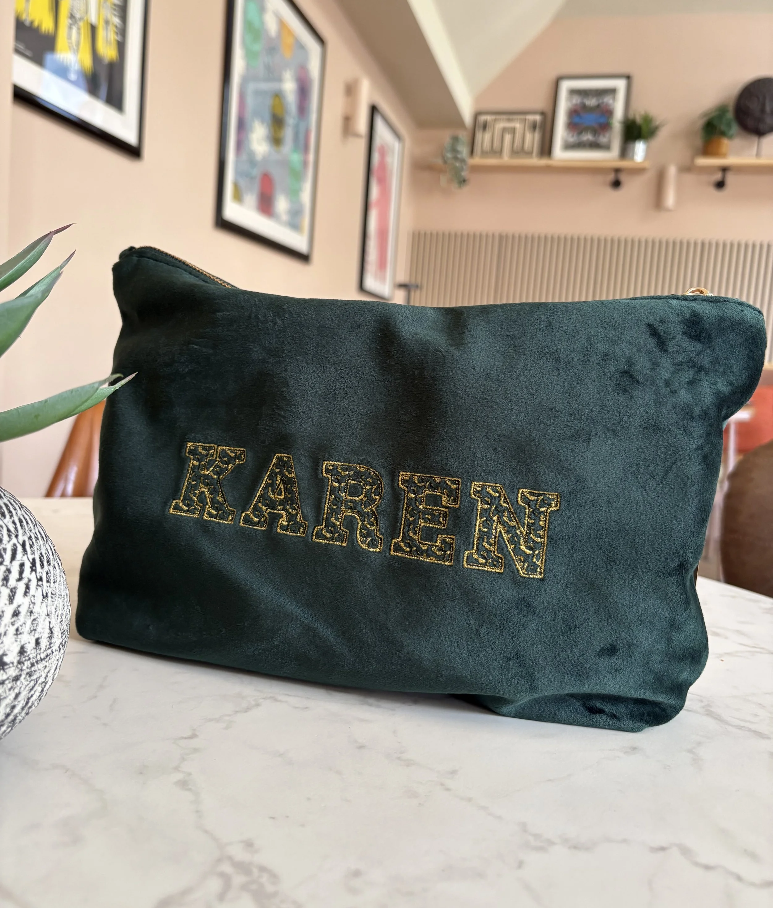 Velvet Accessories Pouch with Gold Letters