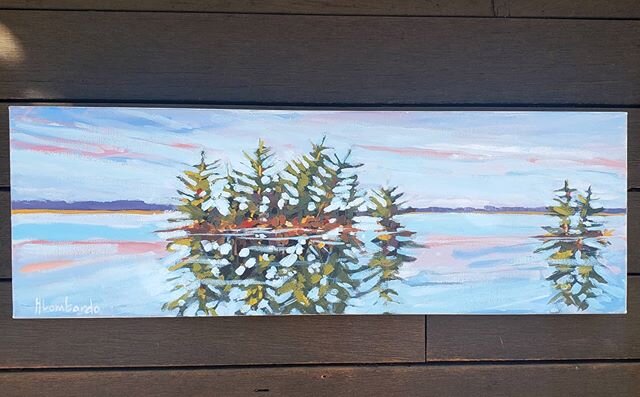The mighty pines of the northeast are rugged, dependable and so representative of the landscape. They even manage to grow in small clusters on the islands off the coast. This piece &quot;Late Day Pines&quot; 8x24 shows all of these typical Maine char