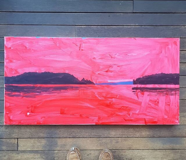 New 24x48 commissioned painting started - check ✅... Proportions correct for the trees - check ✅. Newly cleaned deck and LL bean slippers -  check check ✅✅. #hlombardoartist . . .
.
.
#designer #homedecor #originalart #interiordesigner #home #mainear