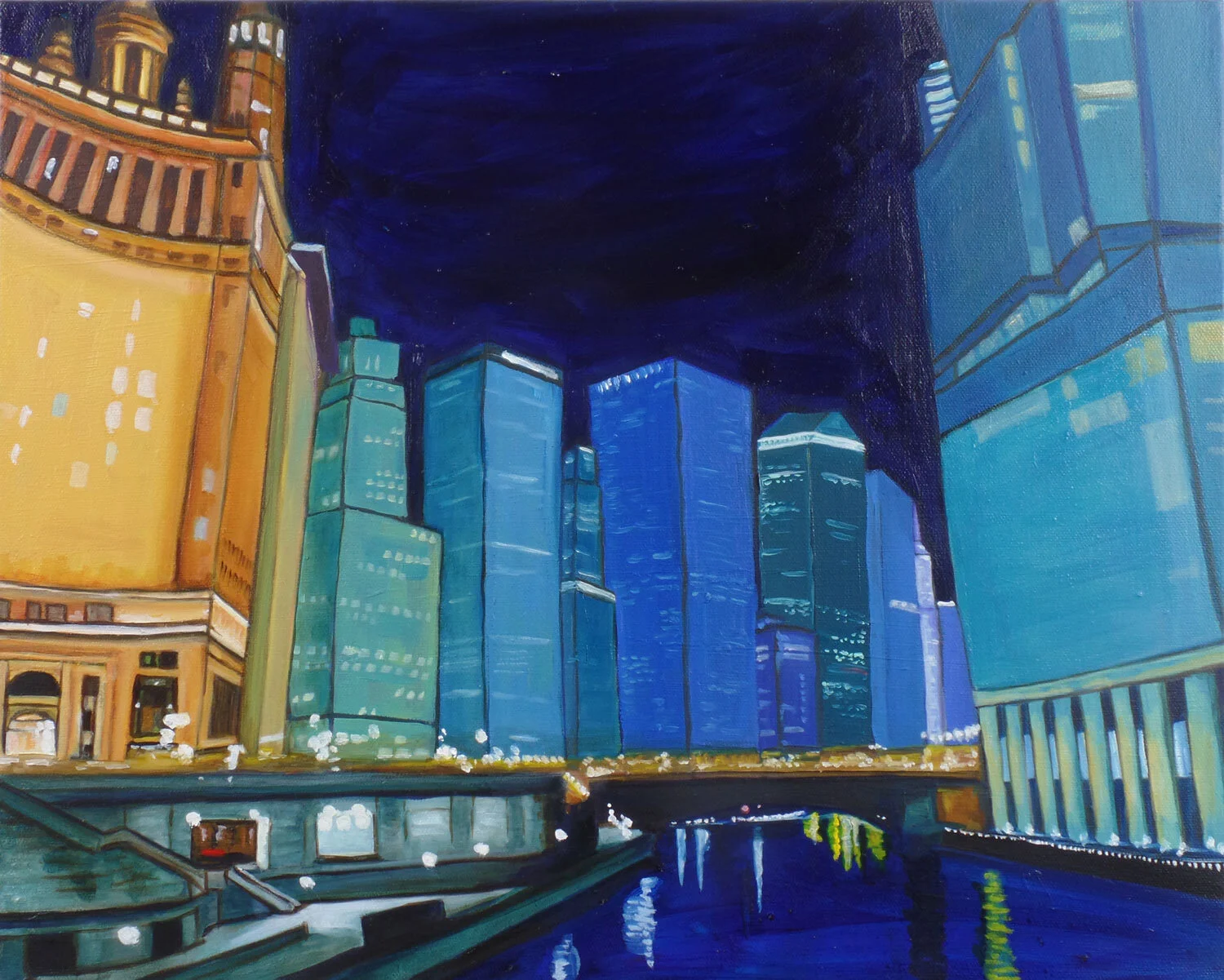 Chicago River Walk, 16” x 20”, Oil on Canvas, 2020, $700My hometown is known for its architecture. Taking a boat ride down the river is one of the best ways to appreciate it. Inspired by Matthew Wong’s brilliant blue palettes and sense of pattern, I…