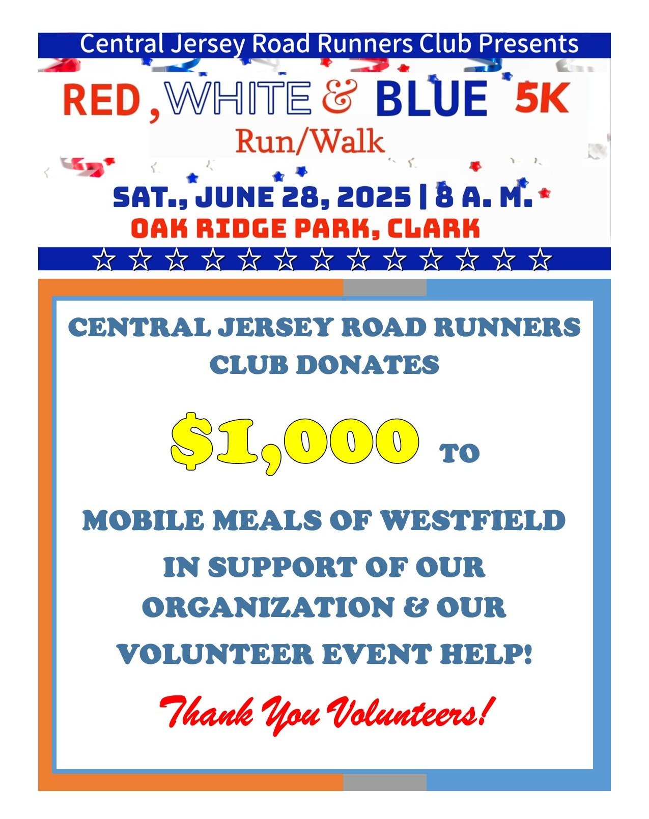 Thank you, Central Jersey Road Runners Club, for your generous $1,000 donation! Join the Red, White &amp; Blue 5k on June 28th!