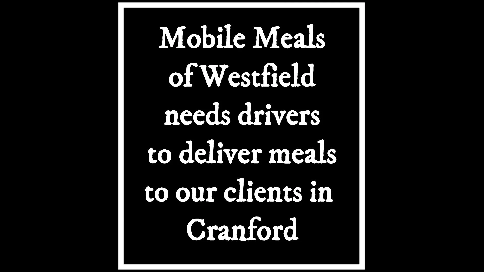 Register to become a volunteer driver for #MobileMeals of Westfield! We need drivers to delivery to our clients in Cranford. Visit the link provided in the video to register!