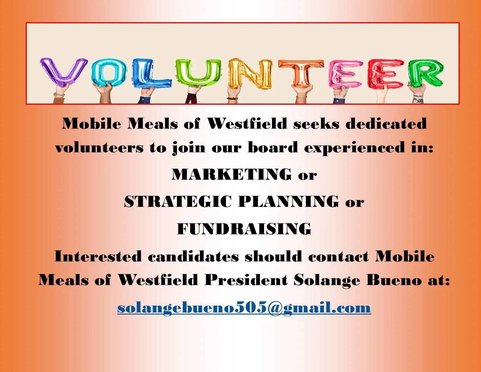 Mobile Meals of Westfield is looking to add to our board member roster. A VP position is currently open. We are especially interested in dedicated people with experience in marketing, strategic planning and fundraising.