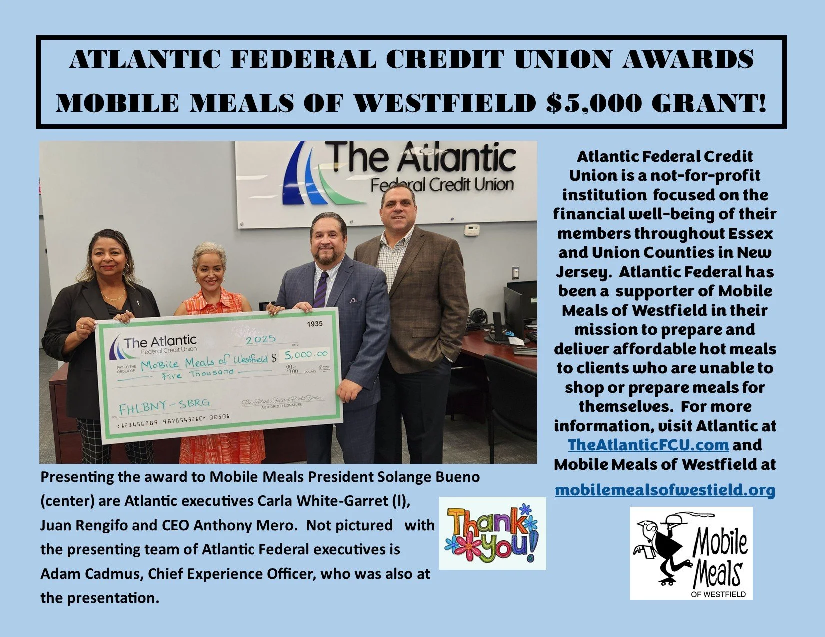 Thank you @theatlanticfcu for your generous donation! It is much appreciated!
#mobilemeals #nonprofit #charity
