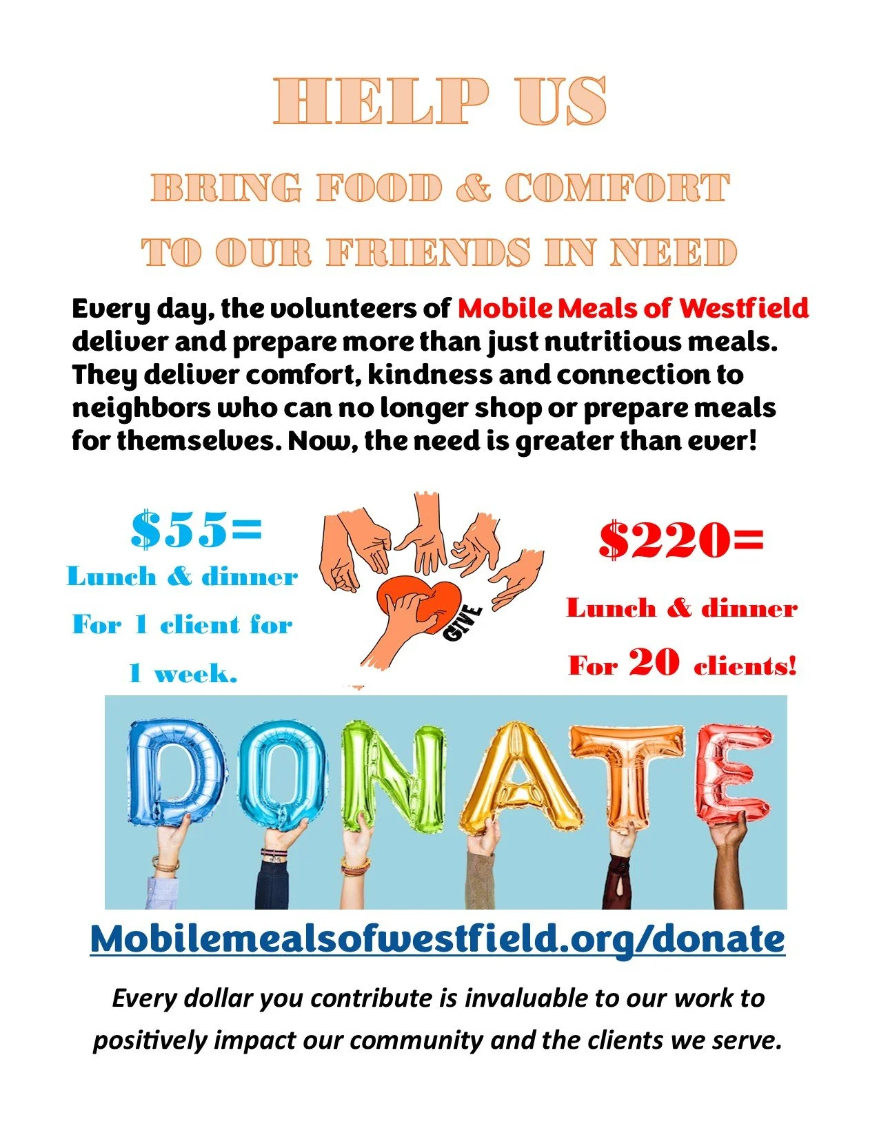 Mobile Meals comforts our neighbors who need help shopping and preparing their meals. Please help us deliver food for our friends in need! 

#nonprofit #mobilemeals #mobilemealsofwestfield #charity