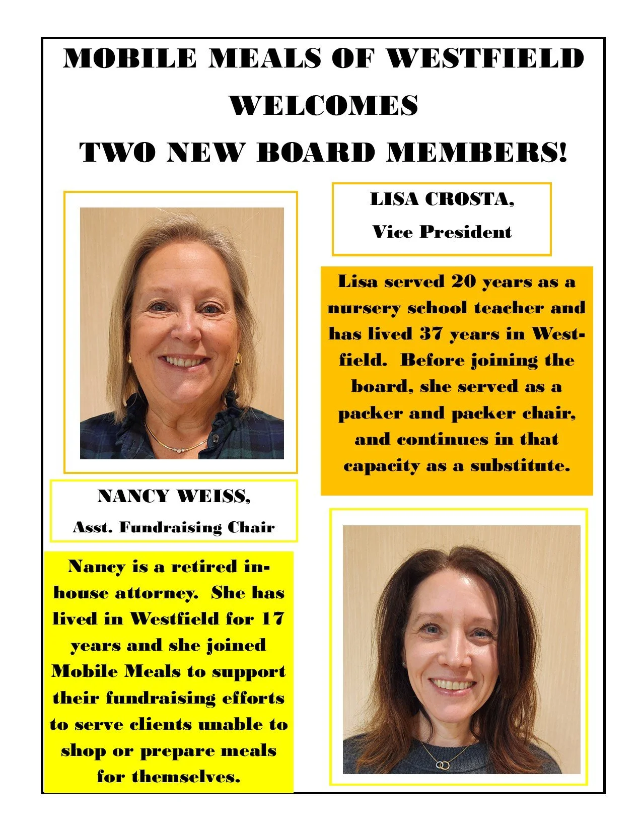 Mobile Meals of Westfield is happy to welcome Nancy Weiss and Lisa Crosta to the board!