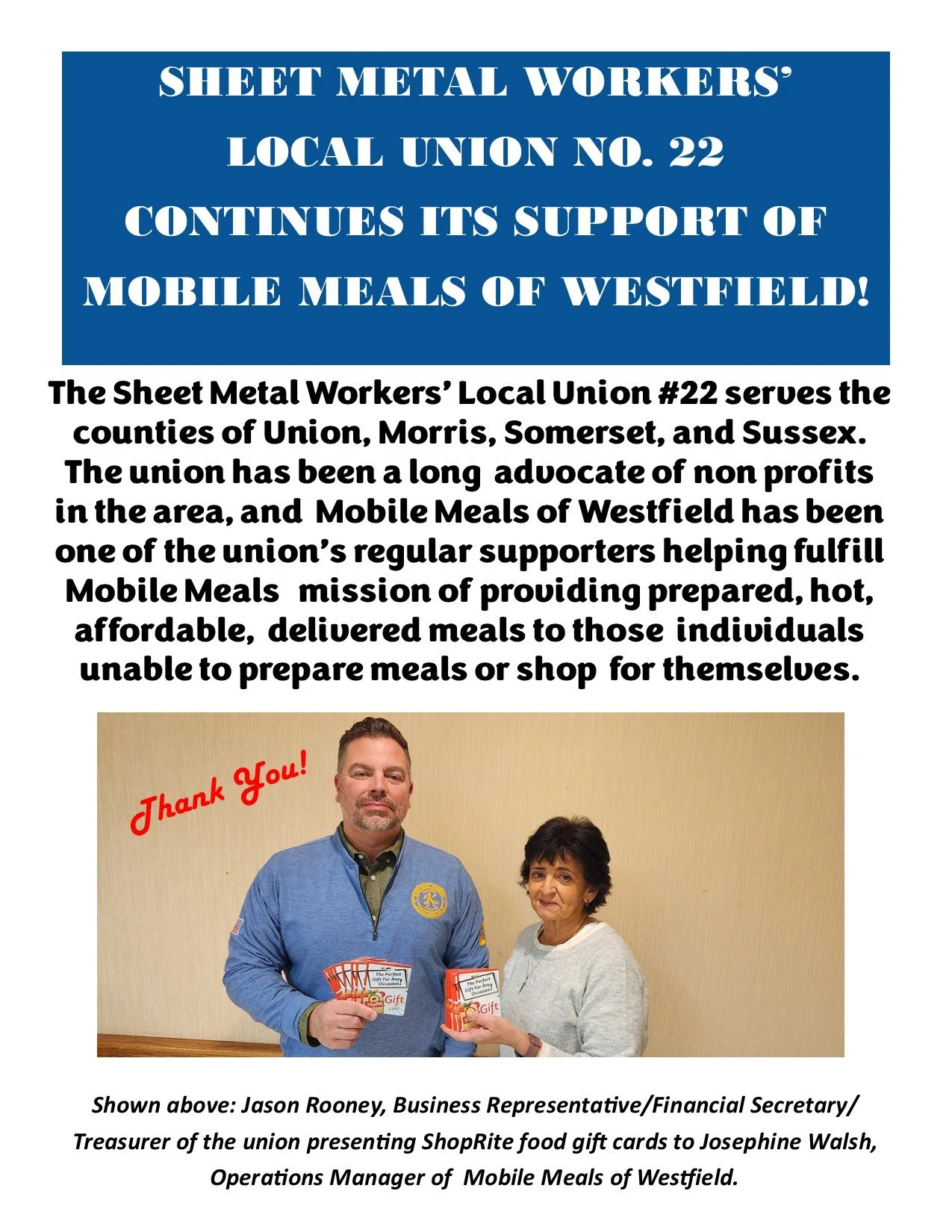 Mobile Meals would like to recognize The Sheet Metal Workers' Local Union for their support to our organization! Thank you!
#mobilemeals #nonprofit #charity