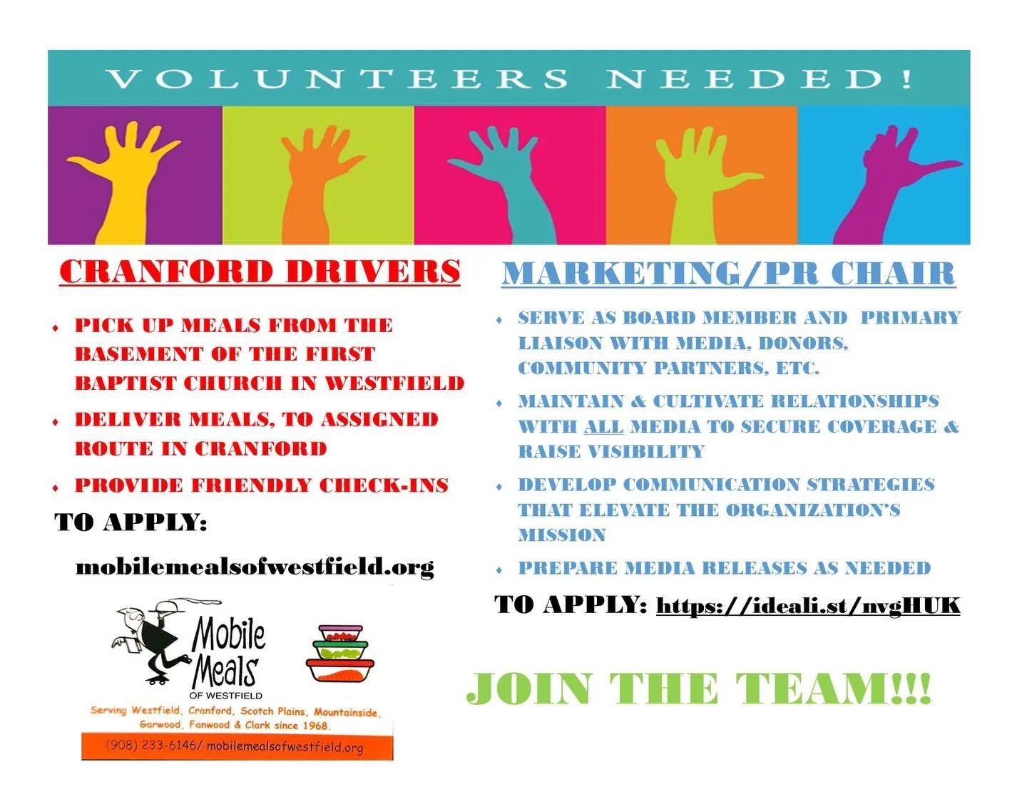 Join our team! We&rsquo;re looking for a Marketing/PR Chair to join our Board and volunteer drivers to cover the Cranford route. Please see the links in bio to learn more and apply!