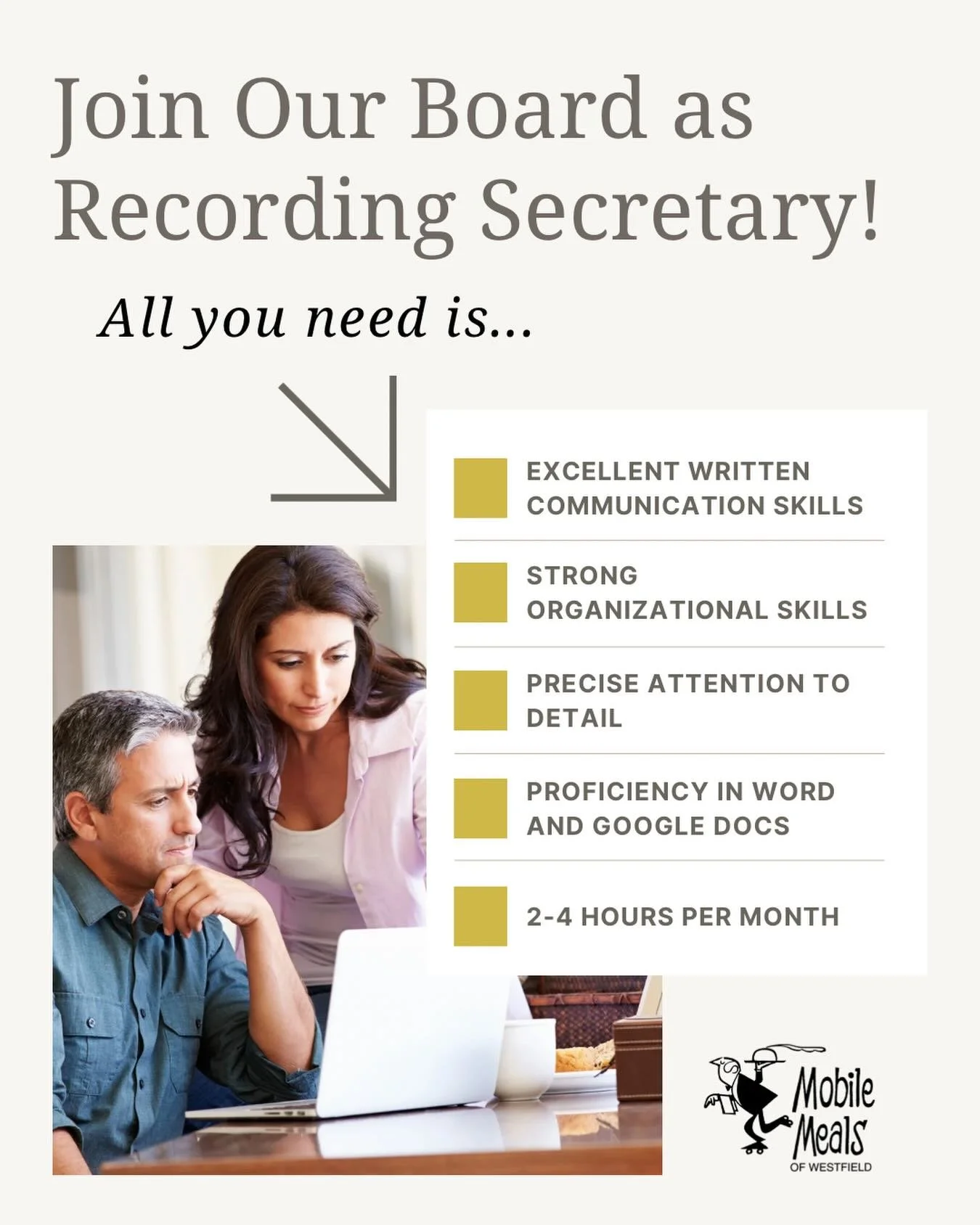Do you have strong written communication skills and precise attention to detail? Do you believe in our mission to feed the elderly while providing caring contact? If so this is your chance to join our board as Recording Secretary! It only requires 2-