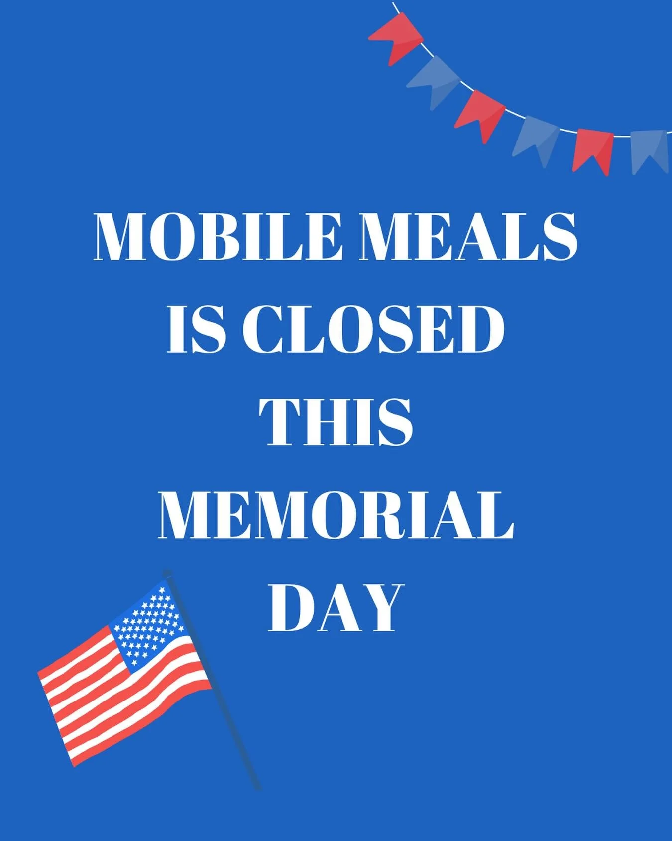 Reminder: Mobile Meals is closed for Memorial Day. Stay dry everyone ☔️

@clarktownshipnj @townshipofcranford @fanwoodborough @garwoodnj @mountainside.borough @scotchplains @townofwestfield @kenilworthnj