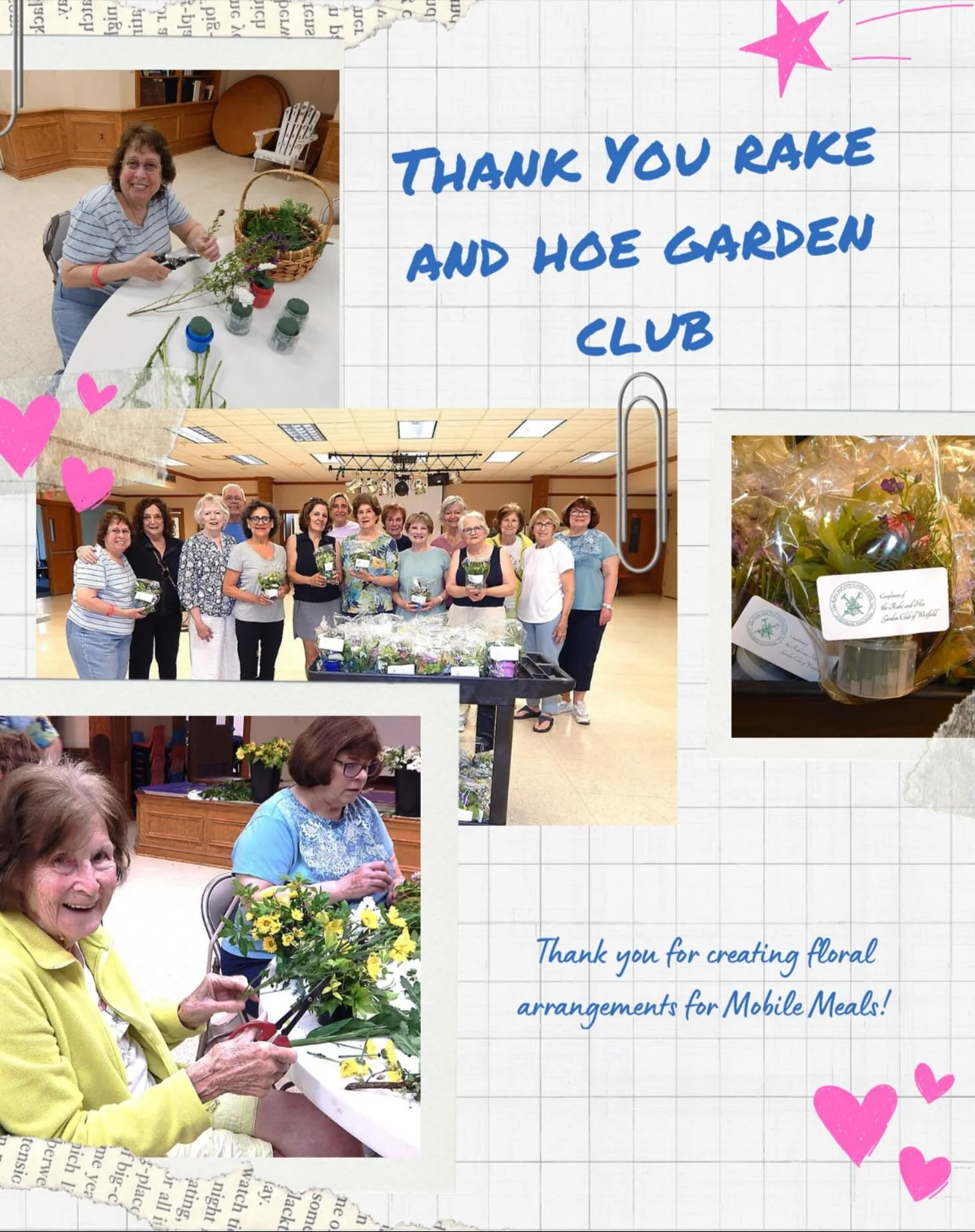 Recently, Rake and Hoe Garden Club came to the First Baptist Church and prepared 65 floral arrangements for our clients! Special thanks to Joann Androconis for coordinating and to all the members for spreading joy to our elderly and infirm neighbors!