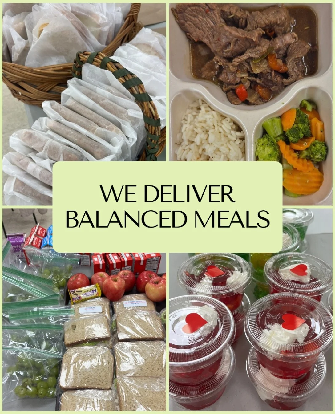 Each meal includes an entree, two side dishes, soup, bread &amp; butter, a drink, and dessert! Plus an optional sandwich for lunch!