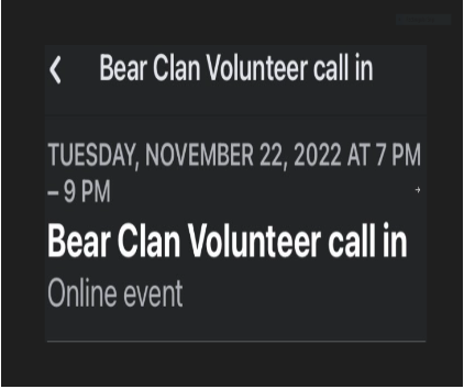 Bear Clan Volunteer Call In- Online Event&nbsp;