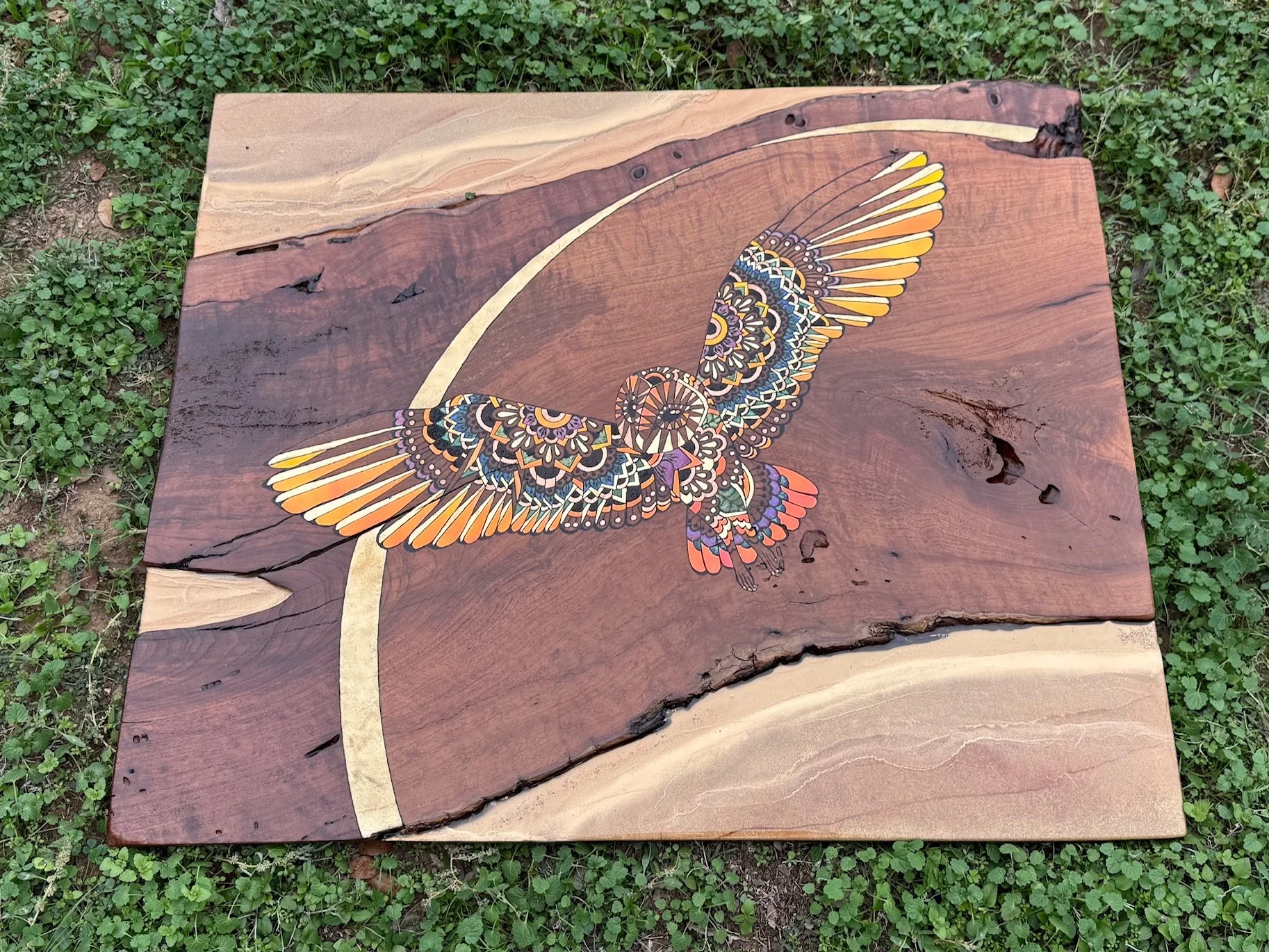 Detail of Emberwing wall art, wood-burned owl on mesquite with resin and pigment layers.