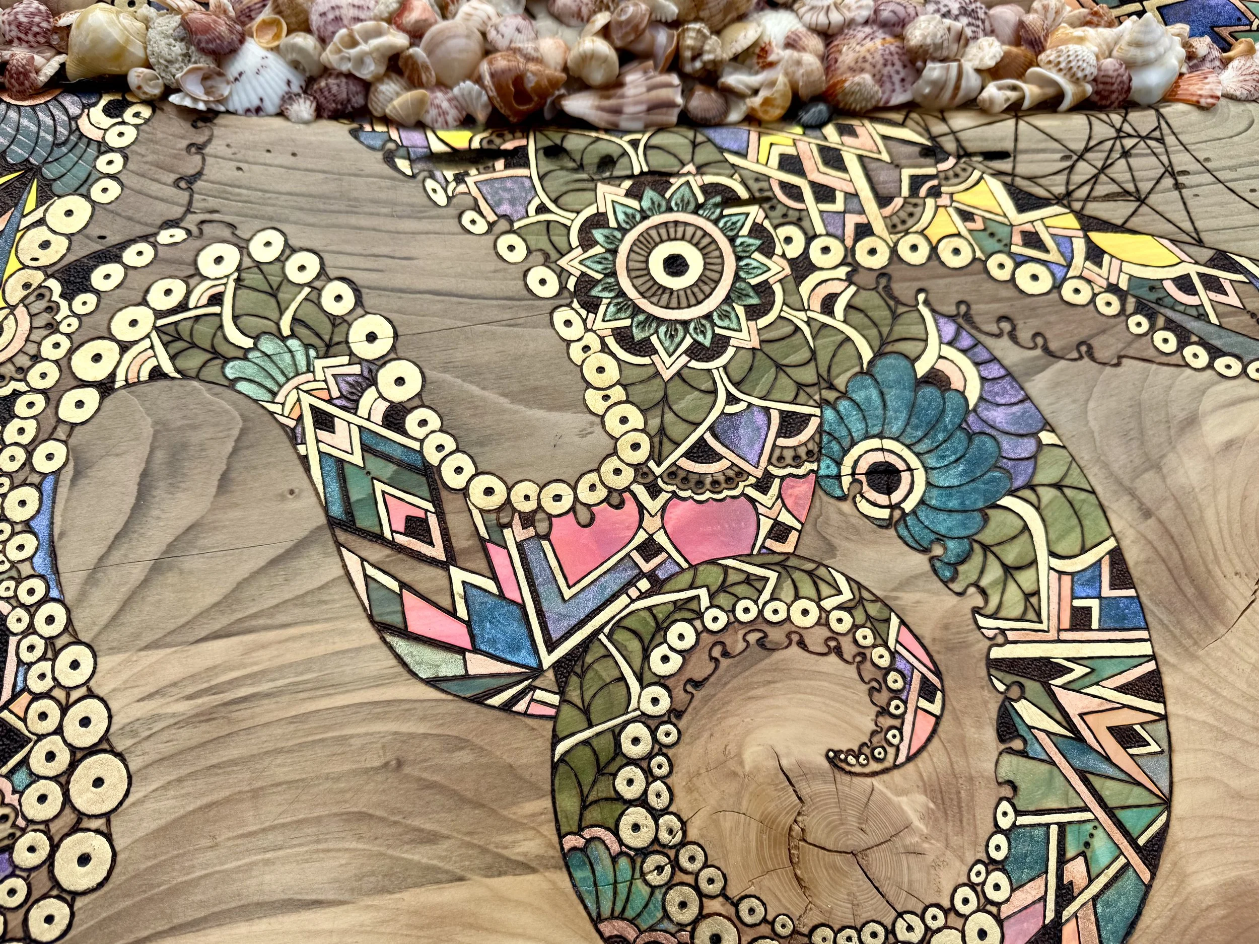 Flashes of copper, gold, and glitter animate the surface of this oceanic, spiritually-charged artwork.