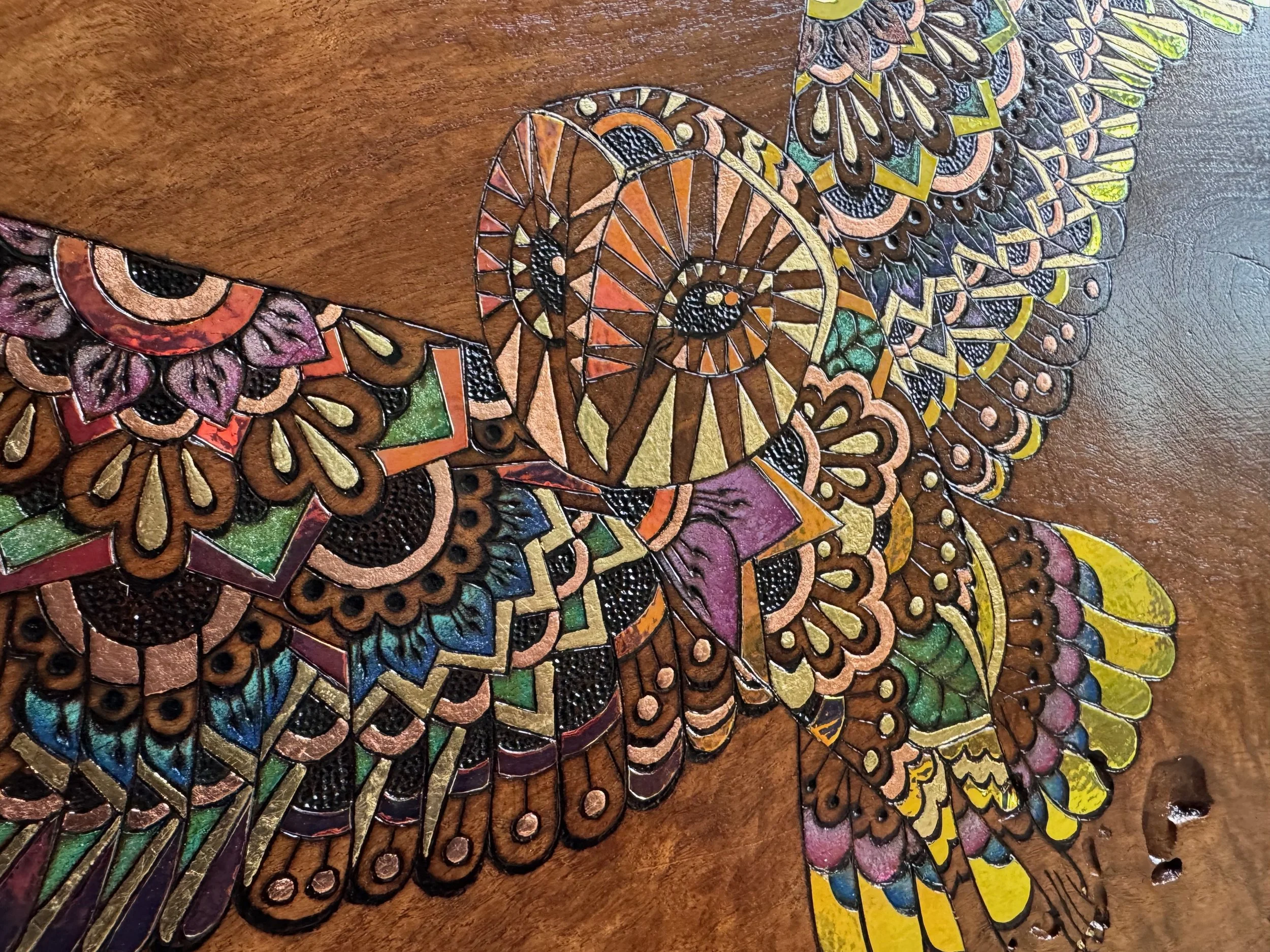 Holographic resin wall art Emberwing by Anne Shackelford, shimmering Firelight Collection piece.