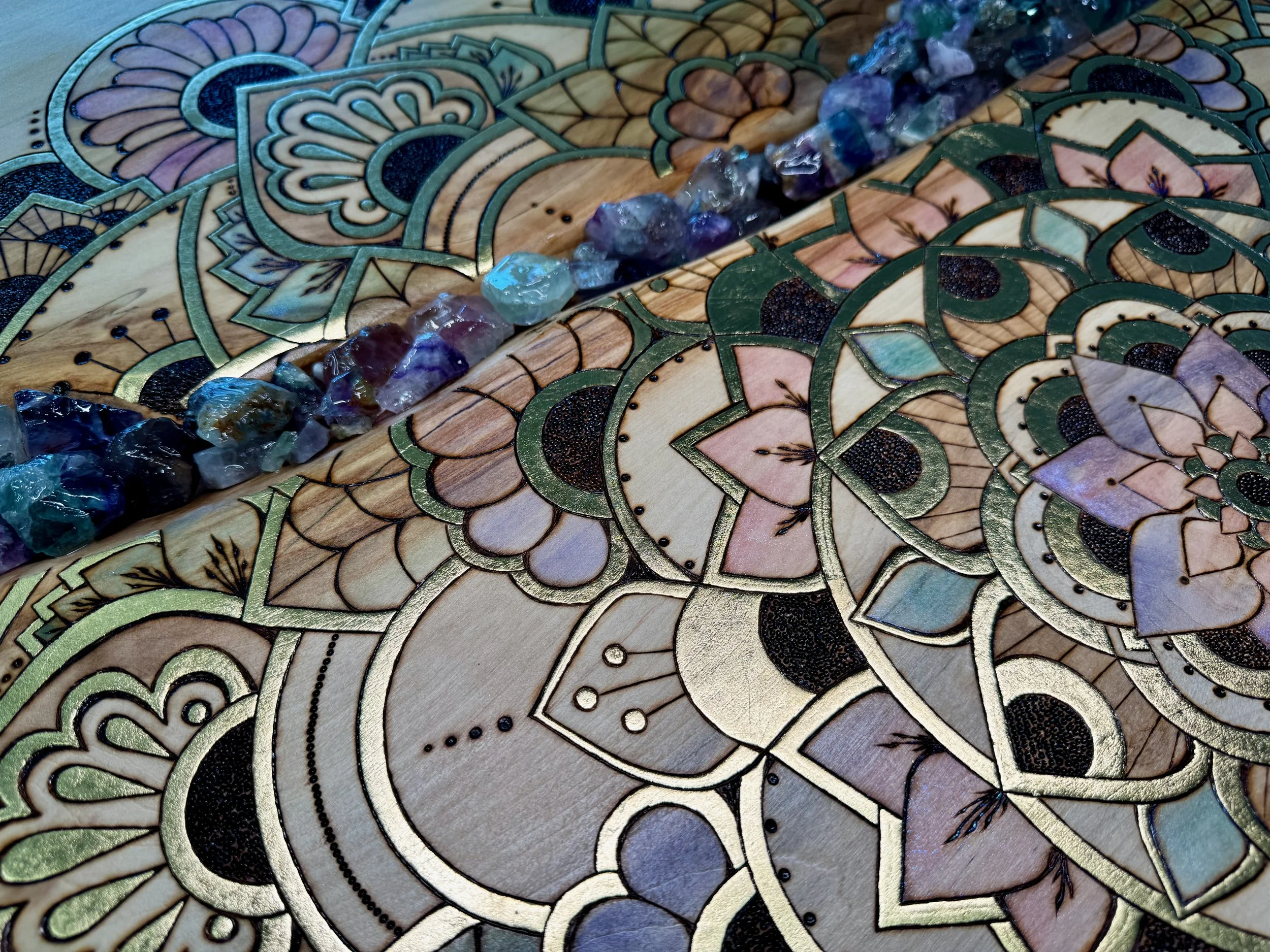 Parivrtta mixed media wall art with rainbow calcite crystals and gold leaf by Anne Shackelford.