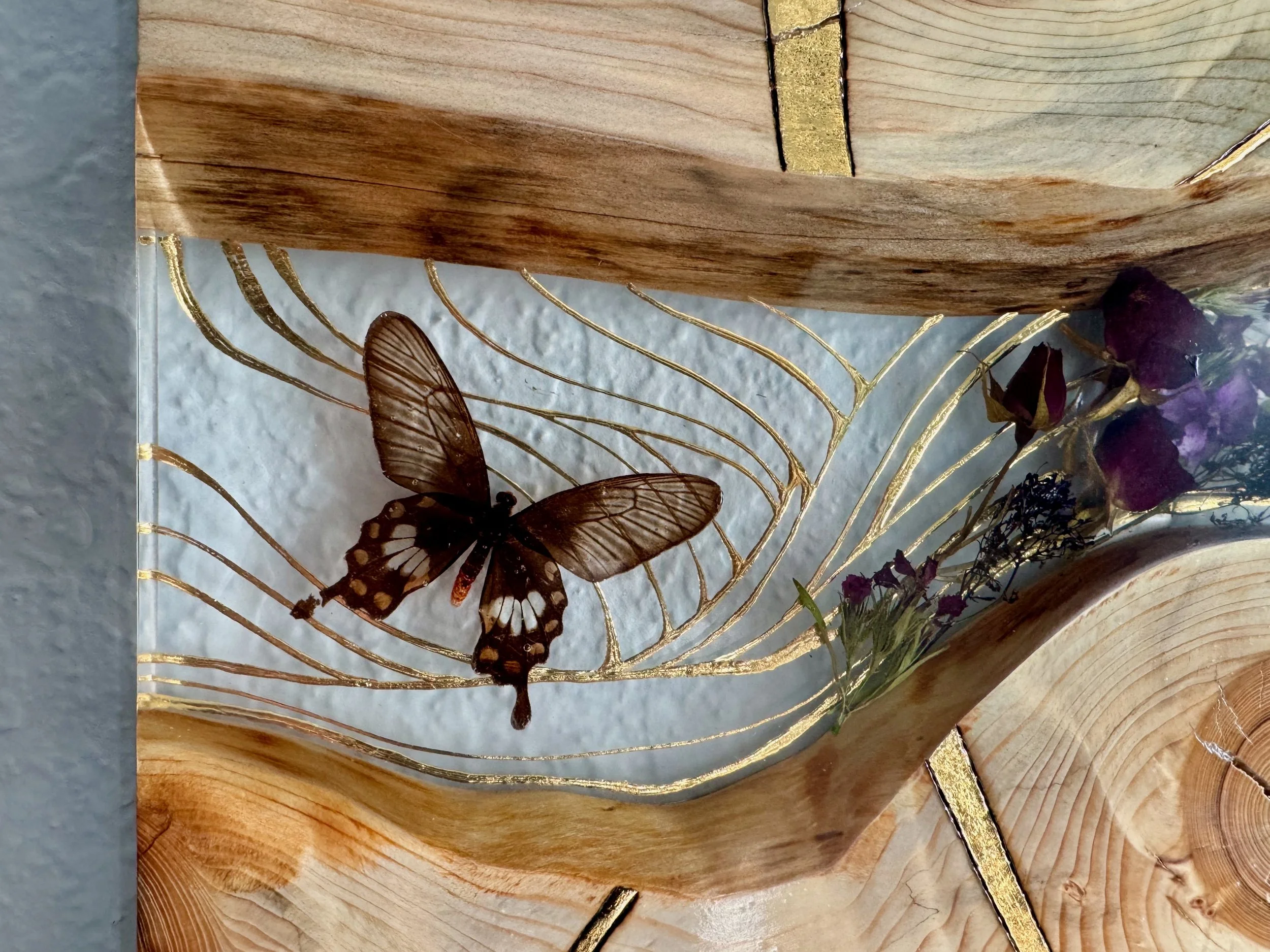 Butterfly and dragonfly resin artwork Lovers Carvings by Anne Shackelford, mixed media on aspen wood.
