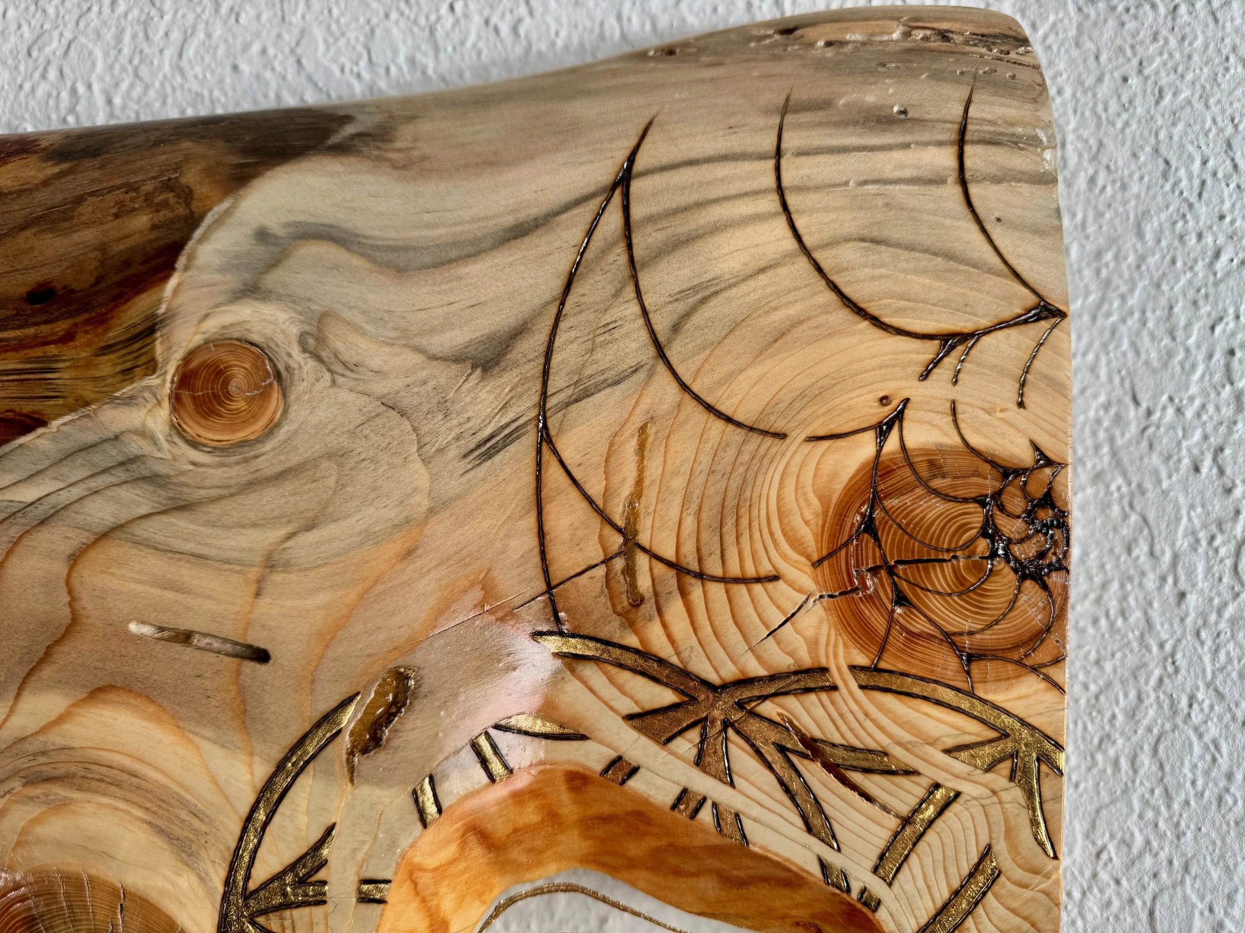 Mixed media wall art Lovers Carvings by Anne Shackelford, resin and sacred geometry on aspen.