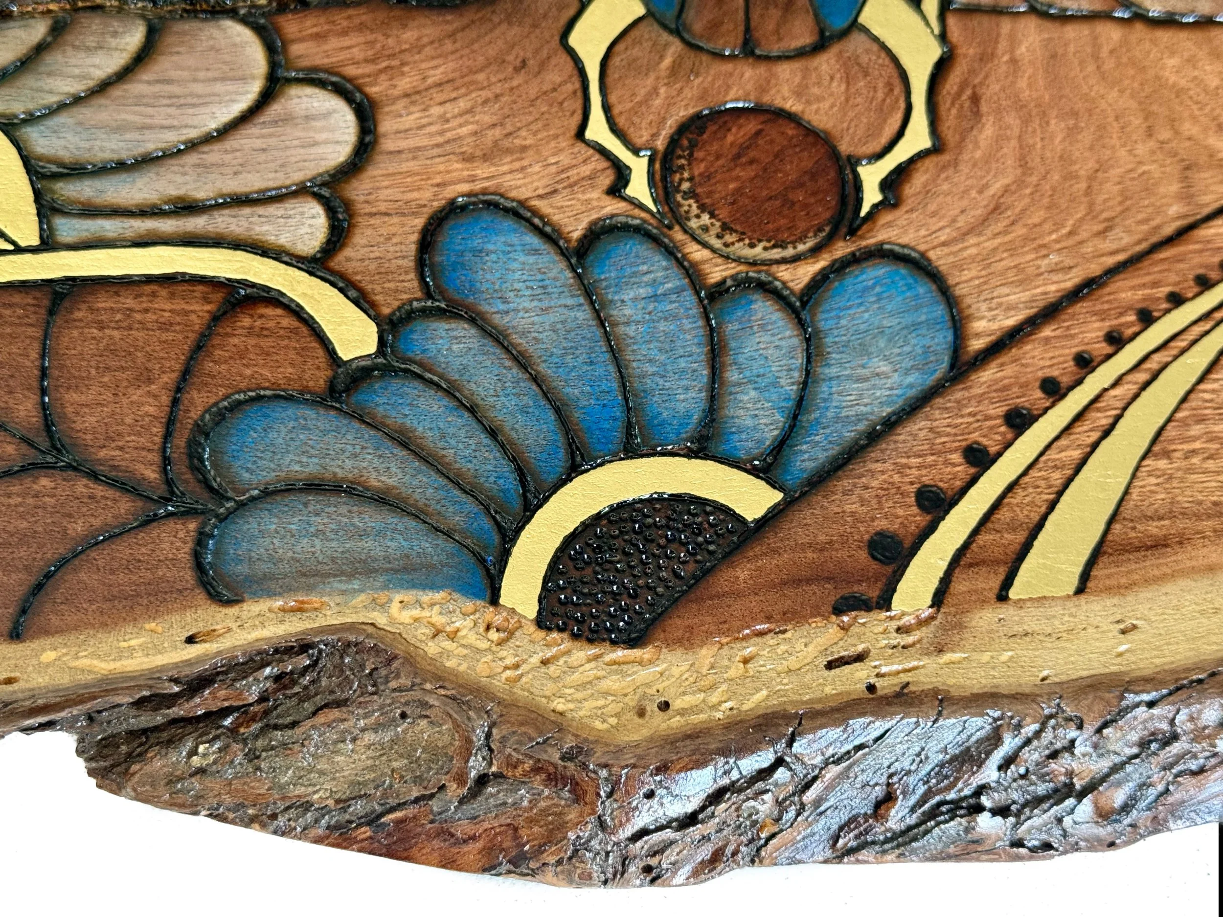 Saturn and scarab symbolic wall art on mesquite wood with colored pencil and resin