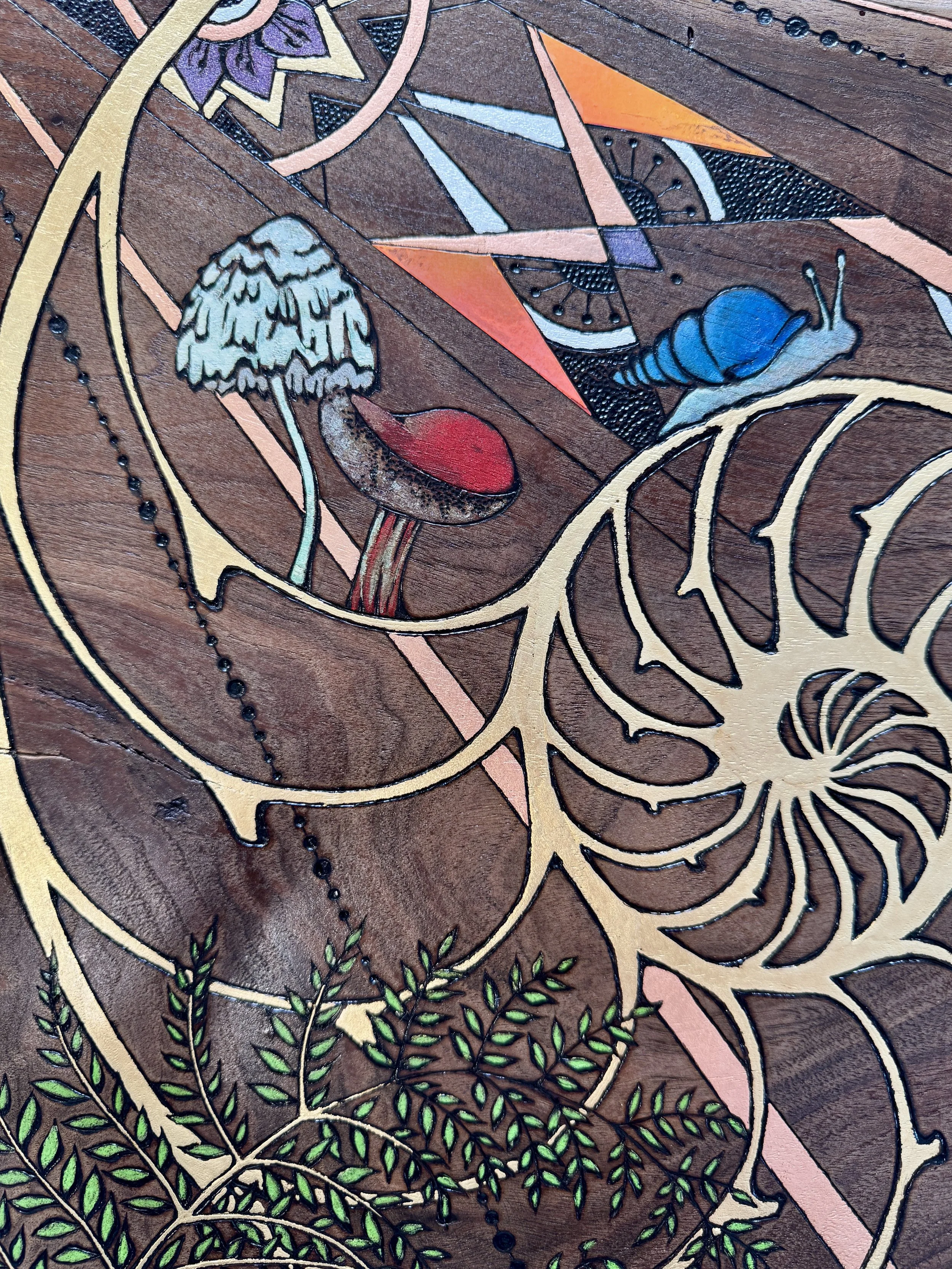 Mycelium inspired fungal art with mushrooms and natural patterns in wood and resin