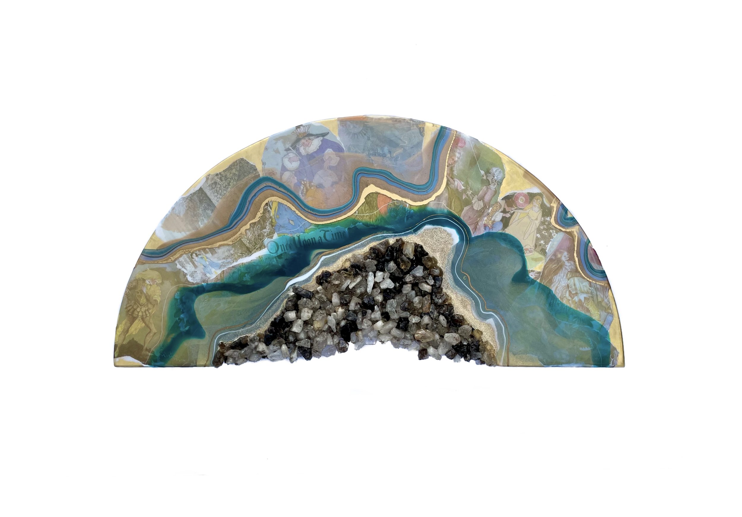 Crystal wall art by Austin Texas artist Anne Shackelford featuring clear and smoky quartz in glass resin