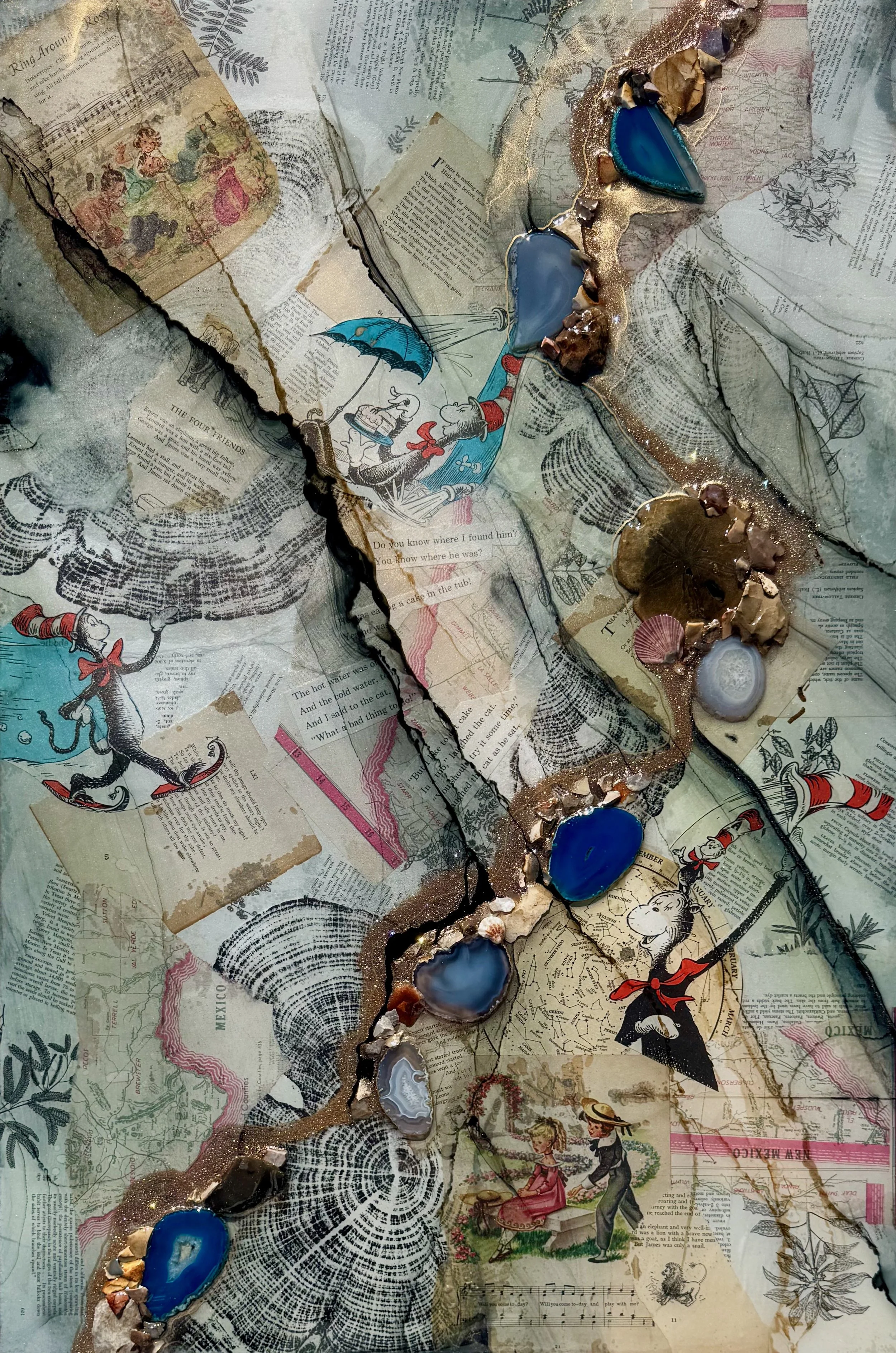Original wall art by Austin Texas artist Anne Shackelford created with found book pages, resin, and natural materials.