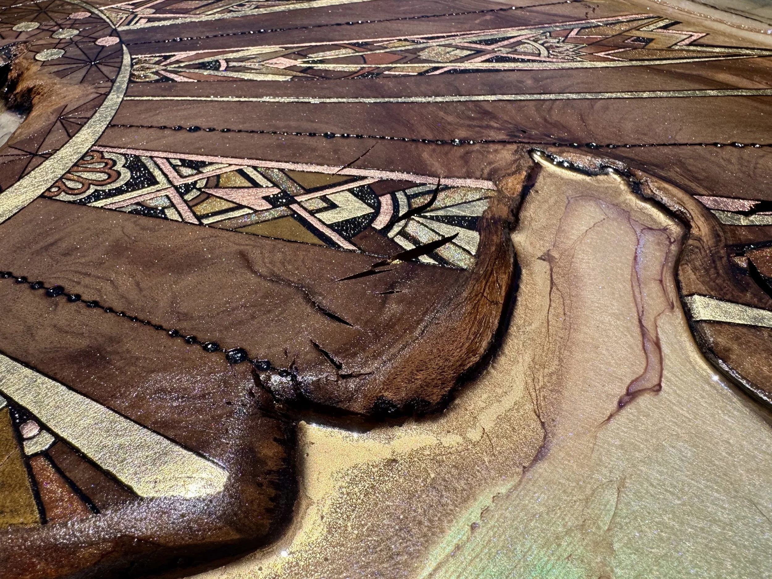 Walnut wall art with sun motif and layered mixed media