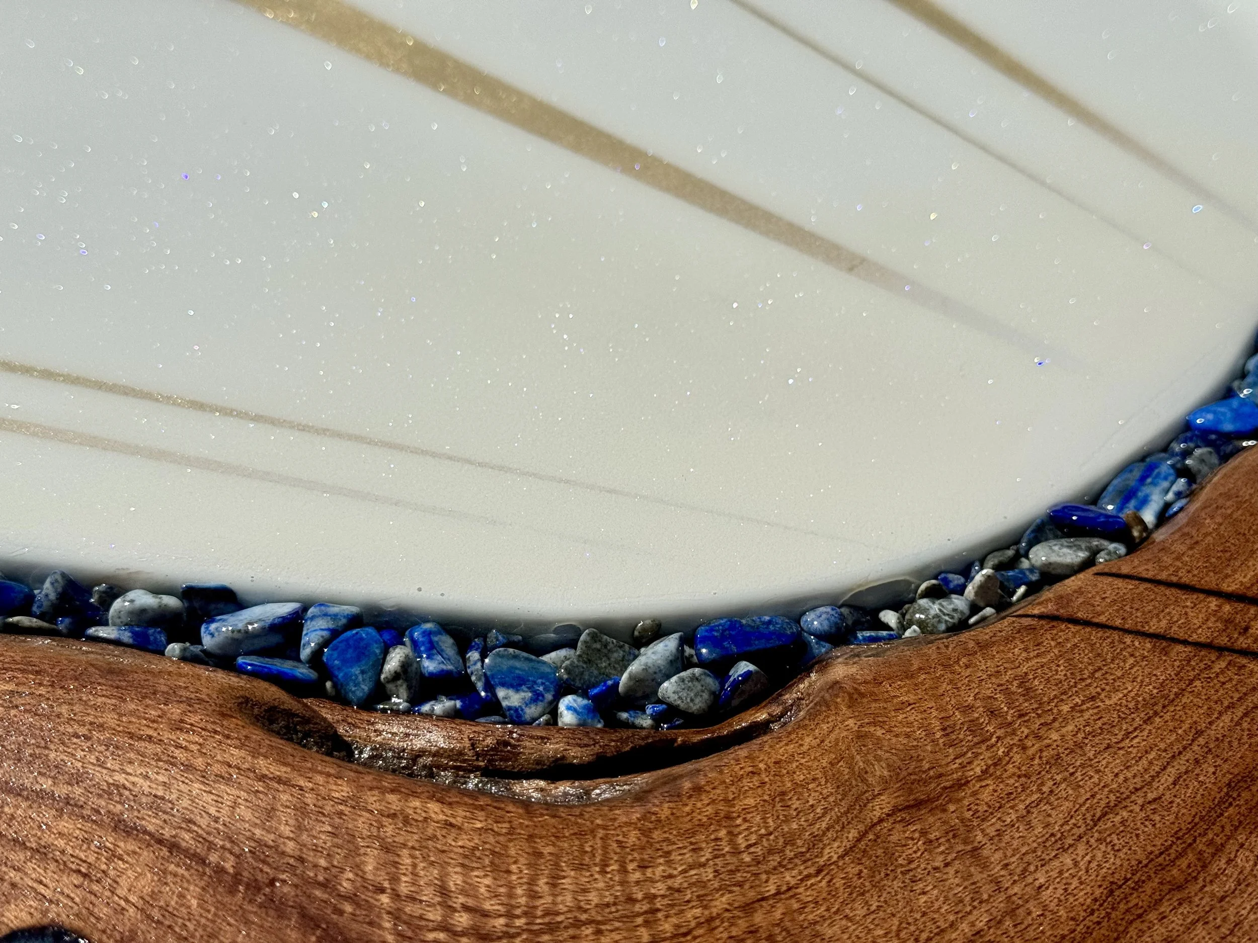 Mesquite wood wall art with pyrography, resin, and gold leaf by Austin Texas artist