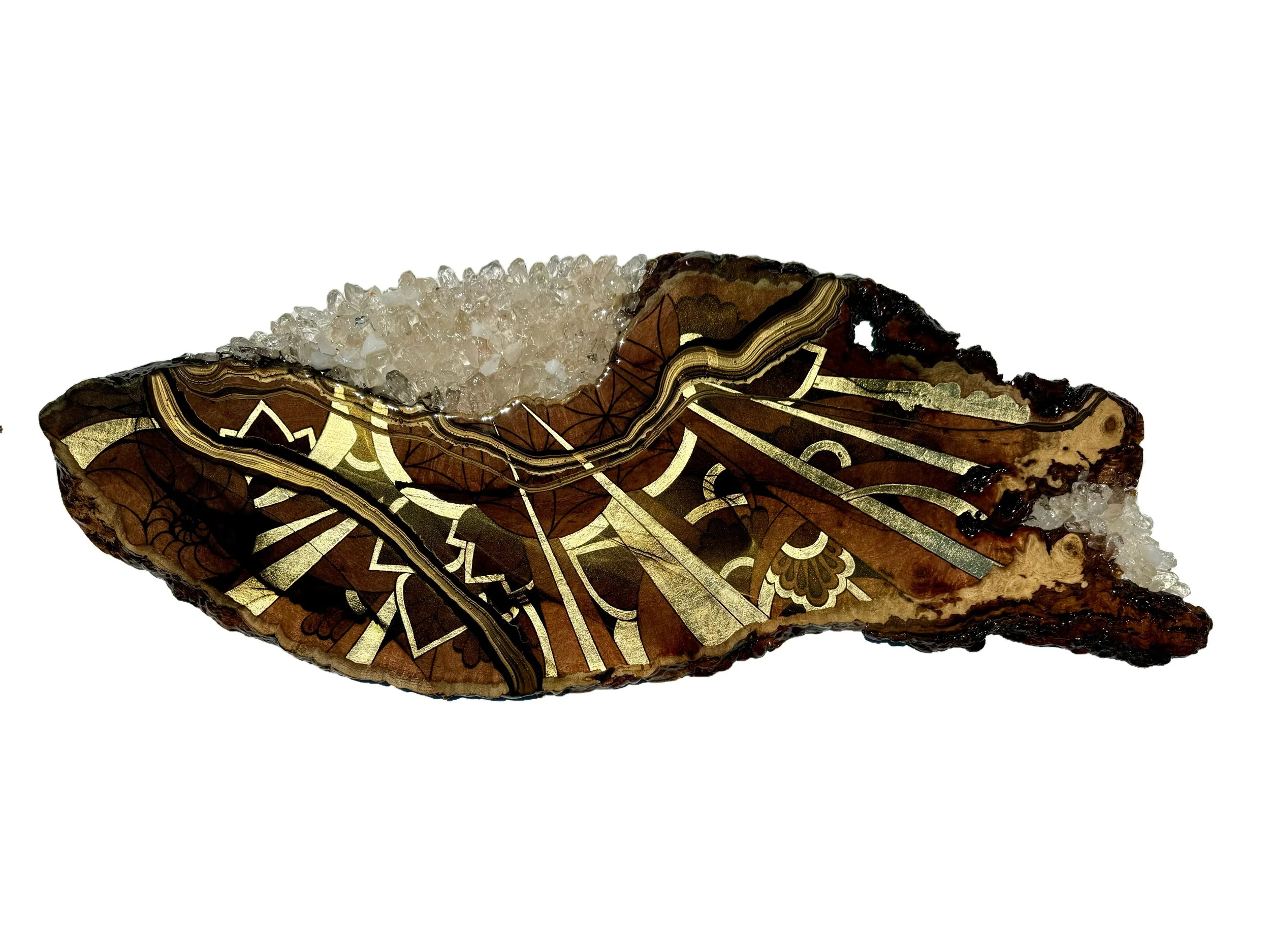 Crafted with pyrography and resin on Texas mesquite, inlaid with gold leaf, covered in resin, clear quartz crystals, alcohol ink and love.  Measures 45x18", 14lbs, Made in 2024.