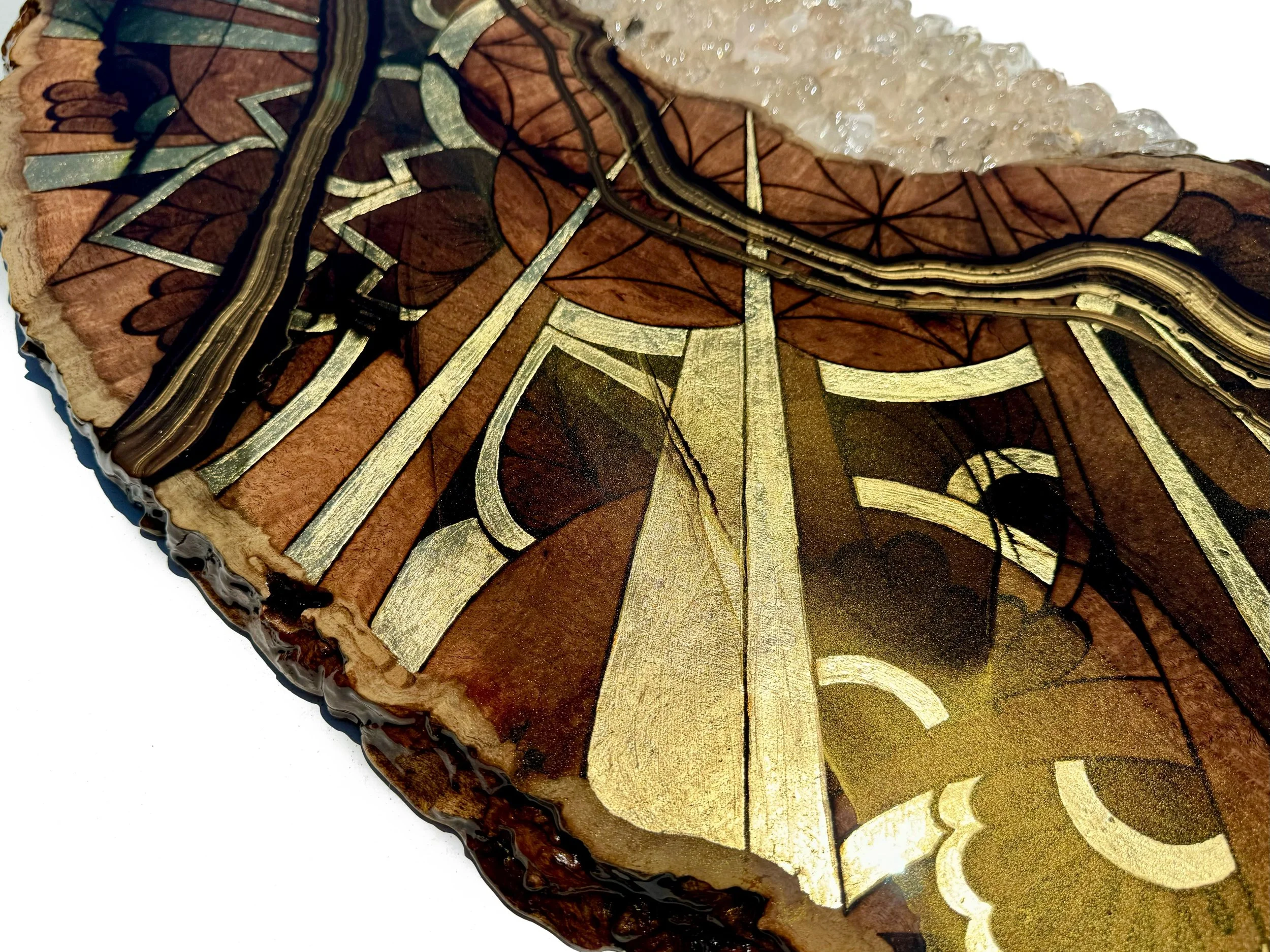 Crafted with pyrography and resin on Texas mesquite, inlaid with gold leaf, covered in resin, clear quartz crystals, alcohol ink and love.  Measures 45x18", 14lbs, Made in 2024.