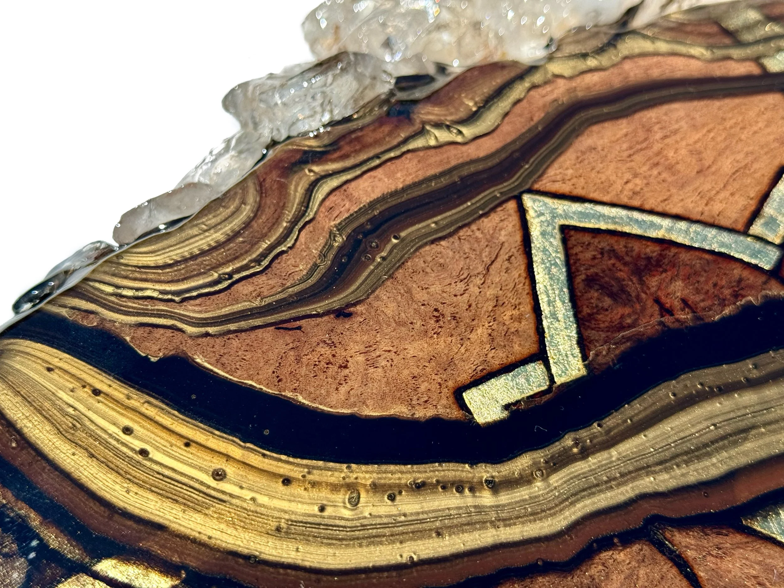 Crafted with pyrography and resin on Texas mesquite, inlaid with gold leaf, covered in resin, clear quartz crystals, alcohol ink and love.  Measures 45x18", 14lbs, Made in 2024.