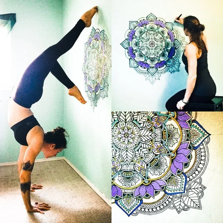 Artist Anne Shackelford in the midst of completing a mural on her yoga studio wall, an intricate mandala layered with earth tones, gold detailing, and living geometry that evolves and breathes with source. This moment reflects the precision, devotio