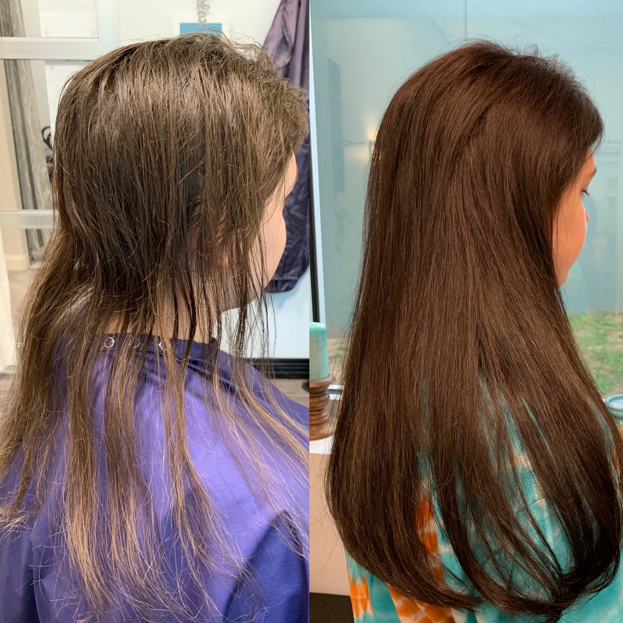 Hair extensions and color before and after at private Austin studio