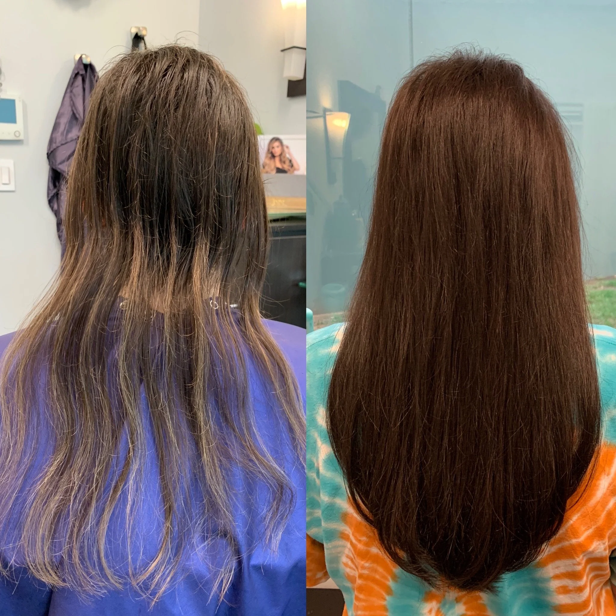 Before and after hair extensions with dimensional color in Austin Texas